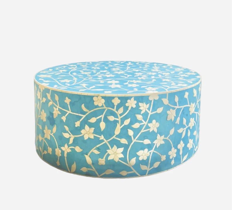 Handmade Indian Bone Inlay Round Coffee Table with Floral Pattern - Boho Chic Living Room Furniture for Home Decor