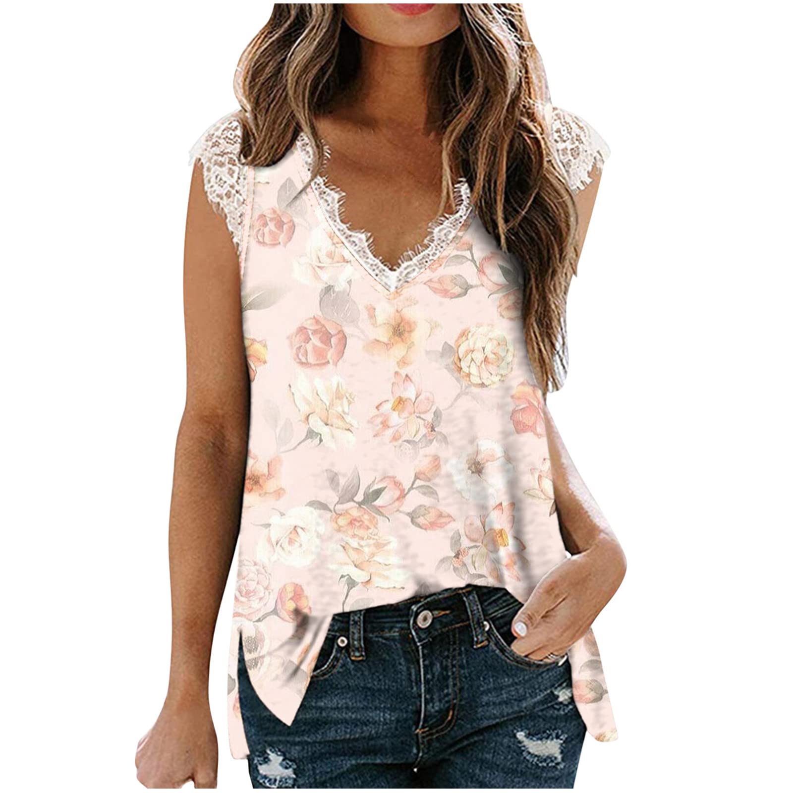 FAVIPT Women's Lace Tank Top - Trendy Summer Floral Lace Trim Cami Top, Sleeveless V-Neck Blouse for Beach, Party & Casual Wear | Breathable Fashion Top for Women