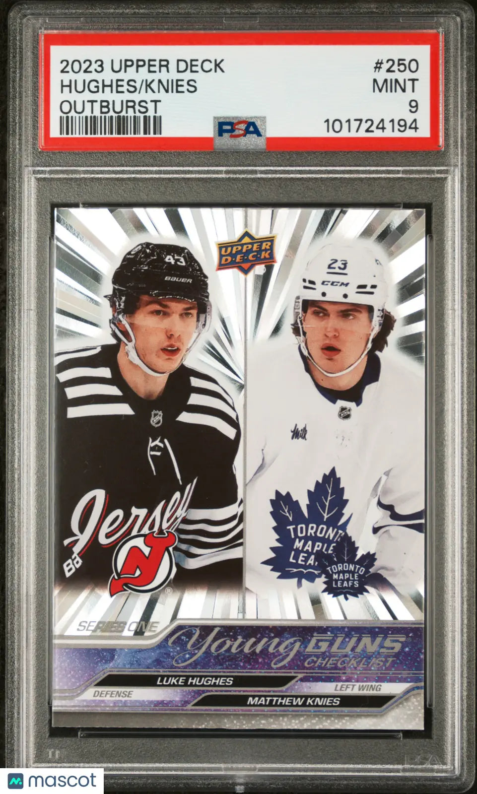 2023-24 Upper Deck Series 1 Hockey Connor Knies & Jack Hughes Outburst Young Guns Rookie Cards Checklist - PSA 9 Graded - Collectible NHL Trading Cards for Fans & Investors | Perfect for Display, Trading, and Sports Memorabilia Collections