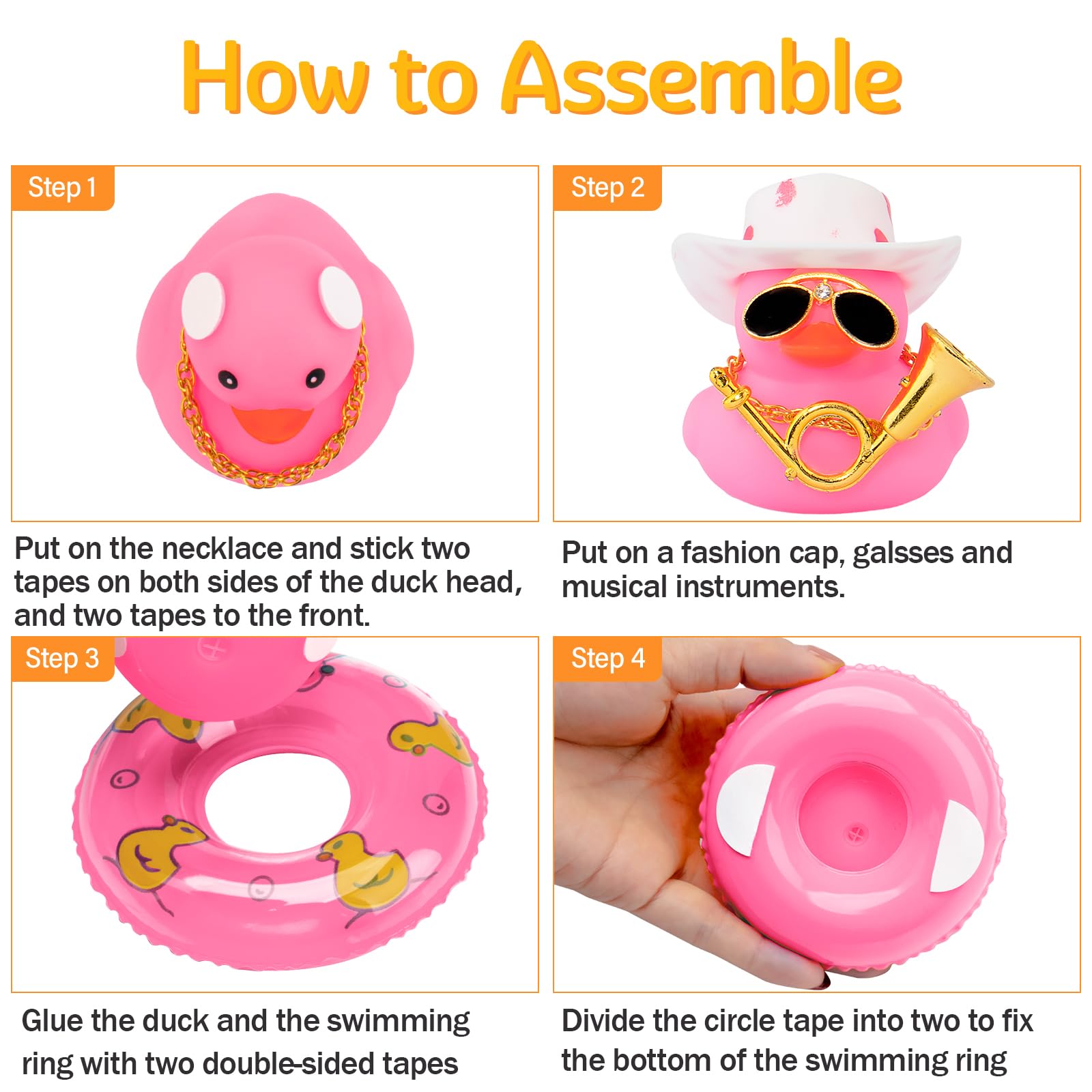 Wonuu Rubber Duck Car Dashboard Decoration - Mini Hat, Necklace, Sunglasses & Musical Instrument Accessories - Black with Sun Hat & Donut - Fun Car Ornament for Dashboard, Office Desk, Gift for Duck Lovers
