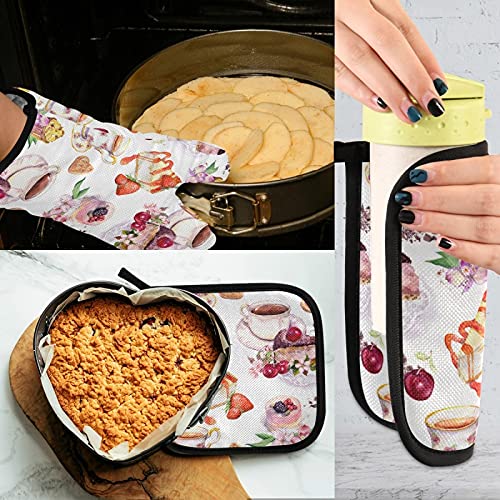 Heat Resistant Oven Mitts and Pot Holder Set - Floral Coffee Cake Design, Strawberry Kitchen Decor for Baking, Grilling & BBQ - Perfect for Summer Tea Parties and Cooking