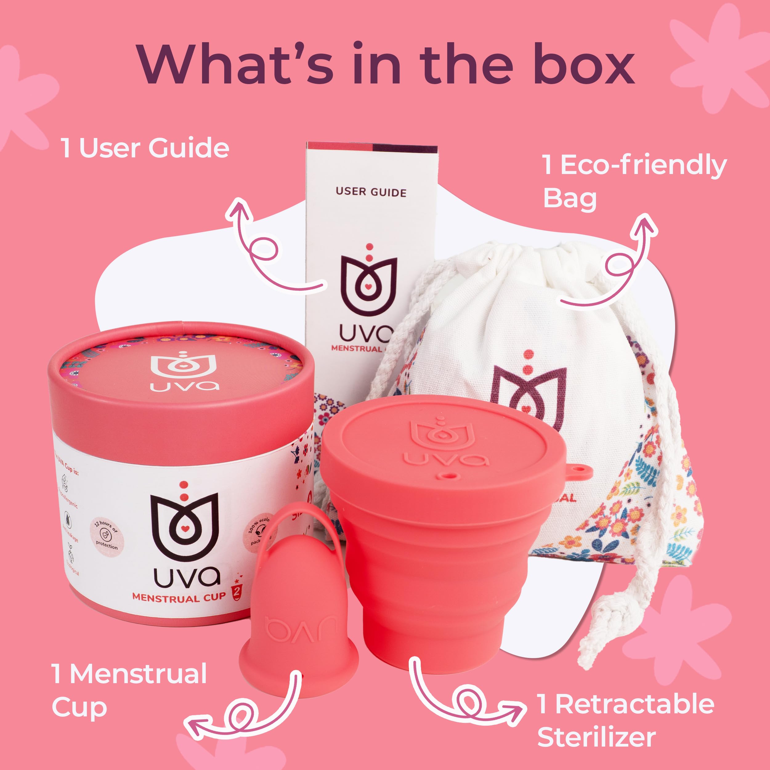 UVA 2 Reusable Menstrual Cup Kit - Size A for Moderate Flow - 10-Year Durable & Leak-Proof Medical Grade Silicone - Medium Period Cup with Sterilizer & Travel Pouch - Ideal for Active Lifestyles, Travel, Gym & Eco-Friendly Period Care