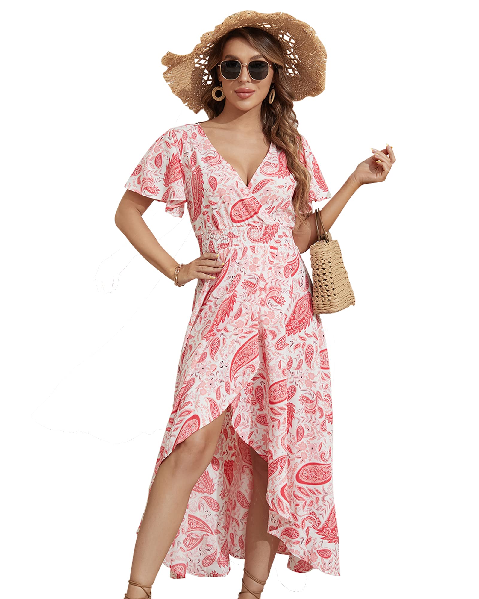 IIOFY Women's Bohemian Summer Dress - Casual Short Sleeve Floral Print Sundress, Maxi Dress for Beach, Vacation & Outdoor Activities