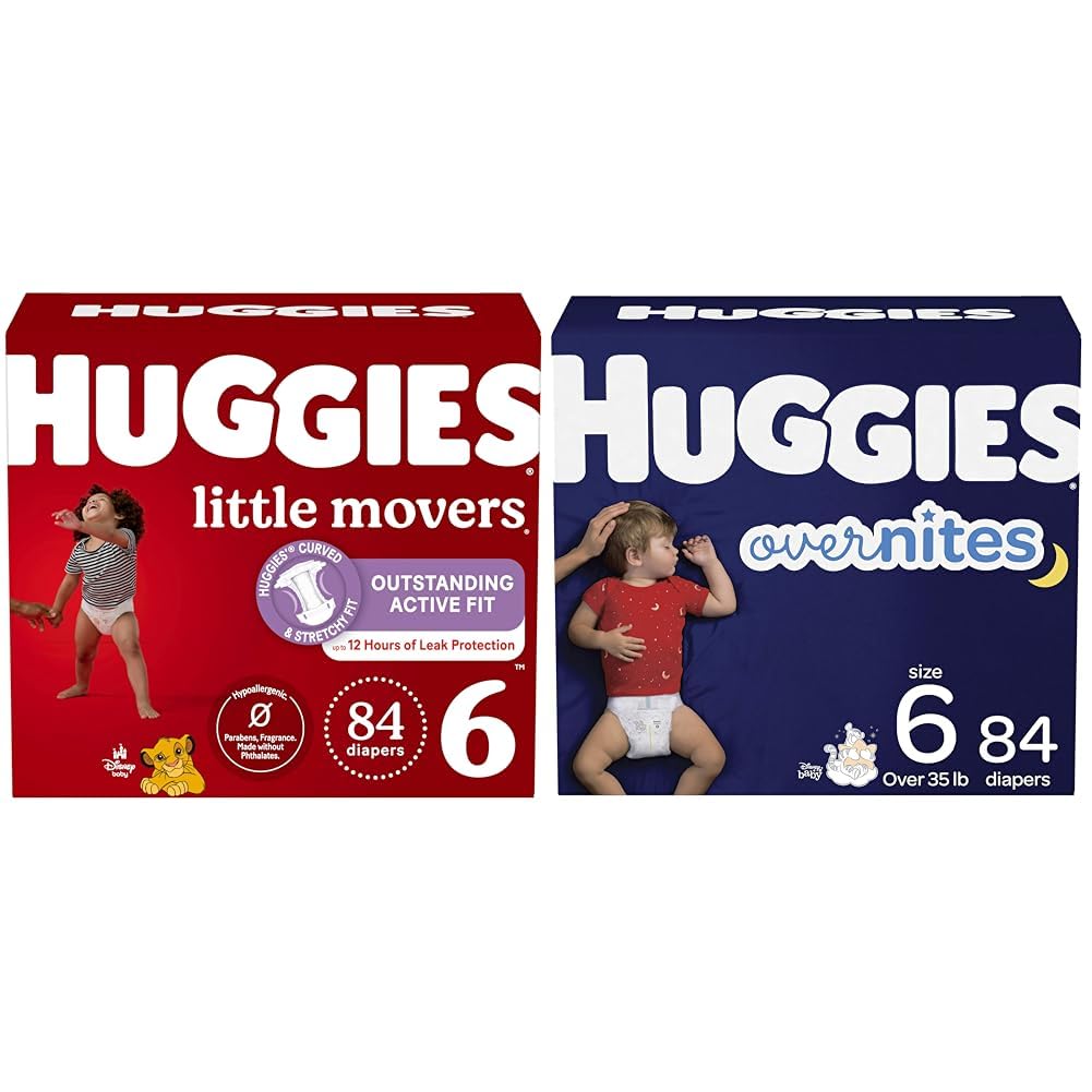 Huggies Little Movers Size 6 Mega Colossal Baby Diapers (84 Count) & Overnites Nighttime Diapers (84 Count) - Ultra Absorbent for Active Toddlers, Day & Night Protection, Leakproof Comfort for Playtime and Sleep