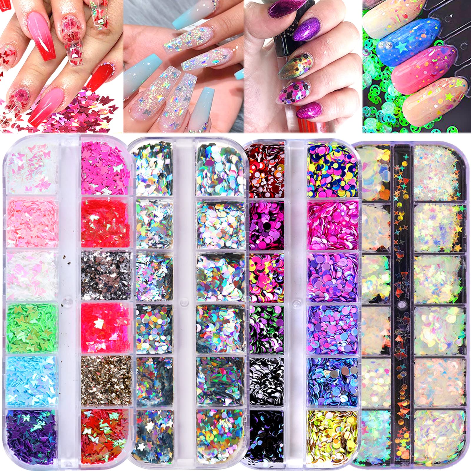 Holographic Nail Glitter Sequins Set - Laser Butterfly & Star Chunky Glitter Flakes for Acrylic Nails, Nail Art, DIY Manicure - Perfect for Nail Salon, Home Nail Design, Party Makeup (4 Styles)