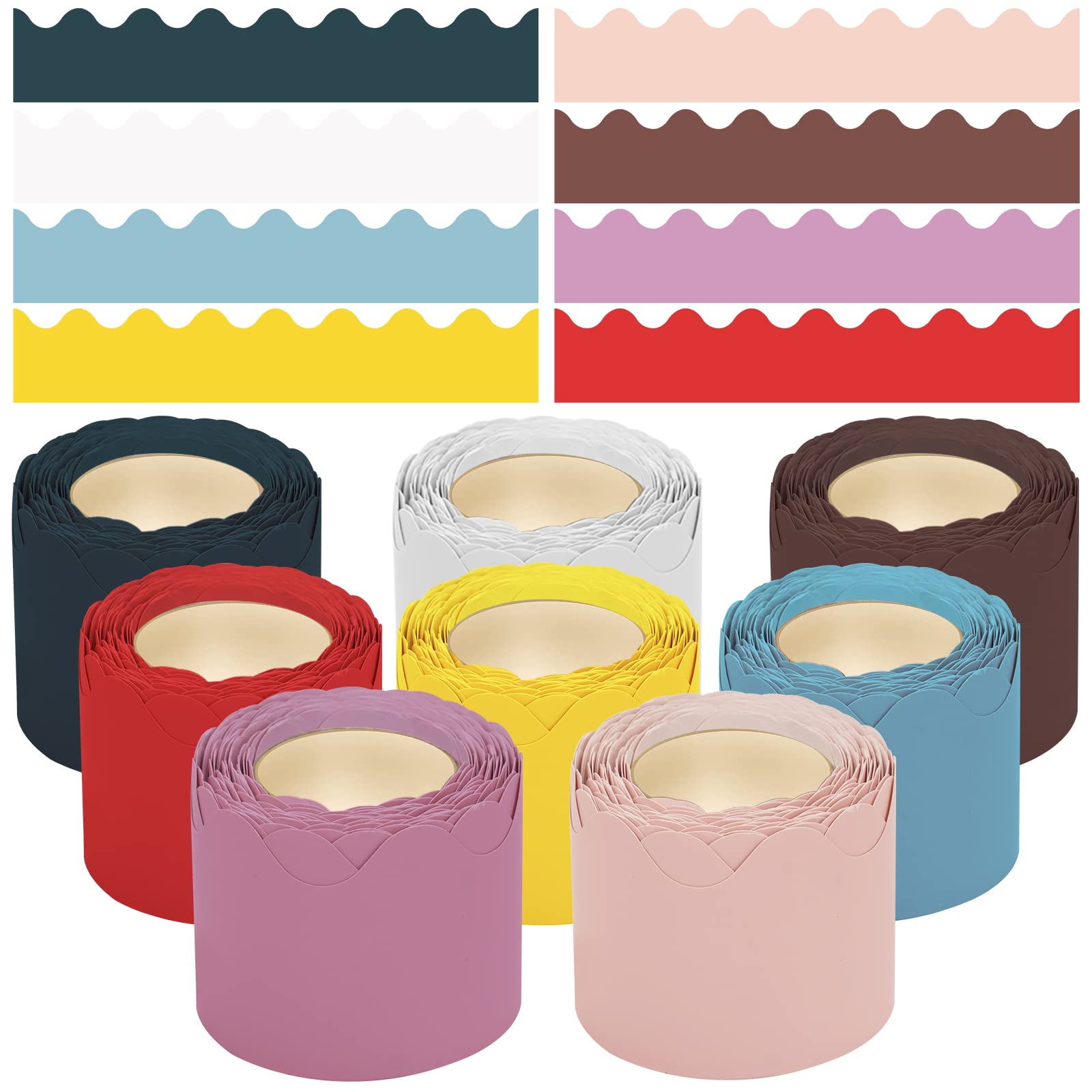 8 Rolls 262.5 ft Colorful Scalloped Bulletin Board Borders - Decorative Classroom Trim for Whiteboards, Cork Boards, Wall Displays - Perfect for School Decor, Teacher Supplies & Homeschooling Classrooms