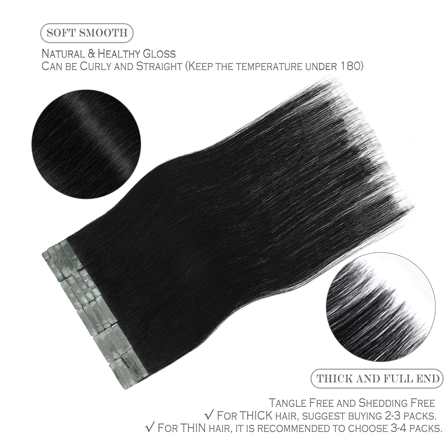 Premium 100% Remy Human Tape in Hair Extensions - Jet Black, 18 Inch, 20pcs (40g) - Natural Straight Hair Extensions for Women | Perfect for Volume Boost, Styling & Special Occasions
