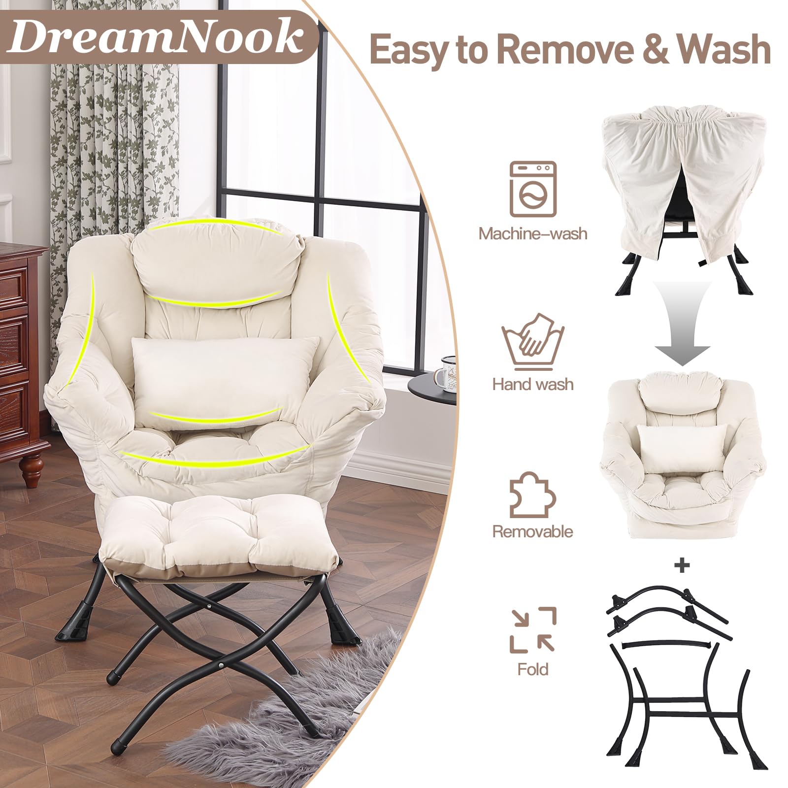 Modern Velvet Beige Lazy Chair with Ottoman - Oversized Supportive Lounge Chair with Lumbar Pillow & Folding Footrest - Perfect for Bedroom, Living Room, Reading Nook & Relaxation