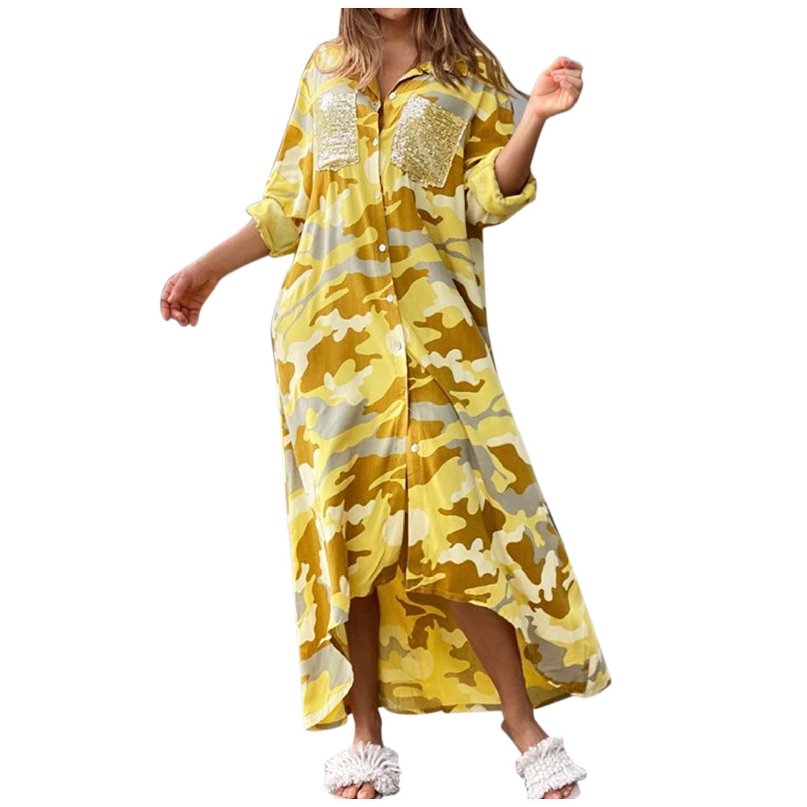 Women's Floral Print Maxi Wrap Dress - Elegant Long Sleeve T-Shirt Pocket Dress for Casual Wear | Perfect for Summer Outings, Beach Vacations & Date Nights (Yellow)
