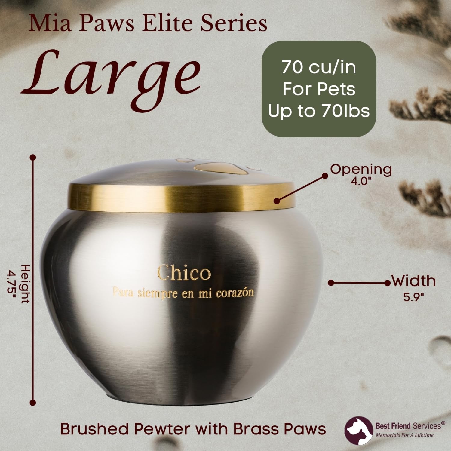 Mia Paws Elite Series Personalized Pet Urn - Custom Engraved Memorial Keepsake for Dog and Cat Ashes (Large Pewter with Double Brass Paws) - Perfect for Home or Garden Remembrance
