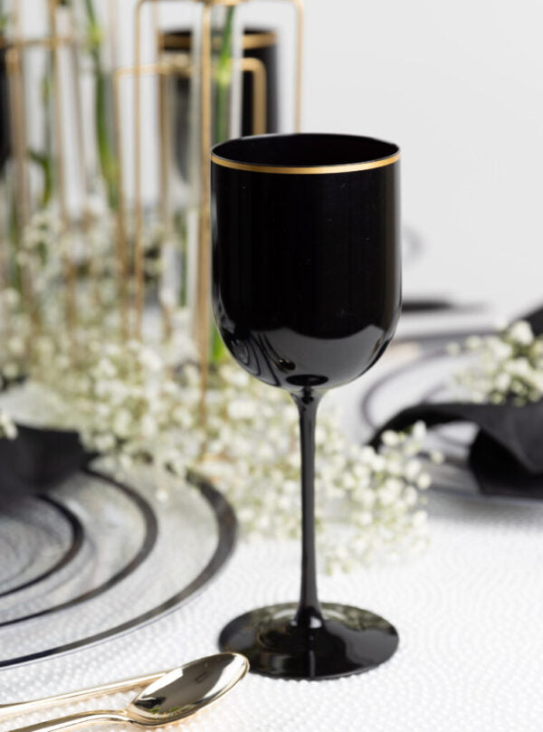 12 Oz Black and Gold Rim Plastic Wine Goblets - Set of 5 Shatterproof Cups for Parties, Weddings, and Outdoor Events