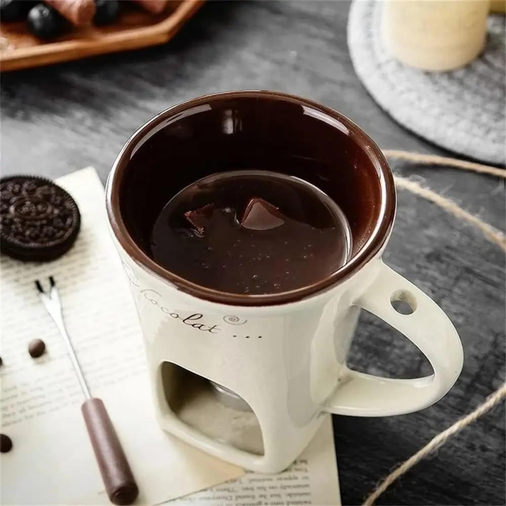 4.58oz Chocolate Fondue Mugs Set with Forks - Ceramic Melting Pot for Cheese, Caramel & Chocolate - Includes Tealight Candle - Perfect for Romantic Dinners, Dessert Parties & Coffee Butter Warmers