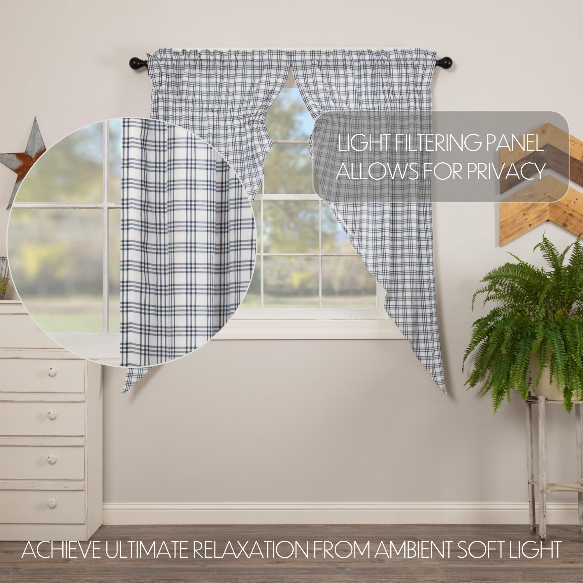 Sawyer Mill Plaid Cotton Farmhouse Curtains - Rod Pocket & Drawstring Ties Prairie Panel Pair in Blue | Rustic Window Treatments for Living Room, Bedroom & Kitchen Decor