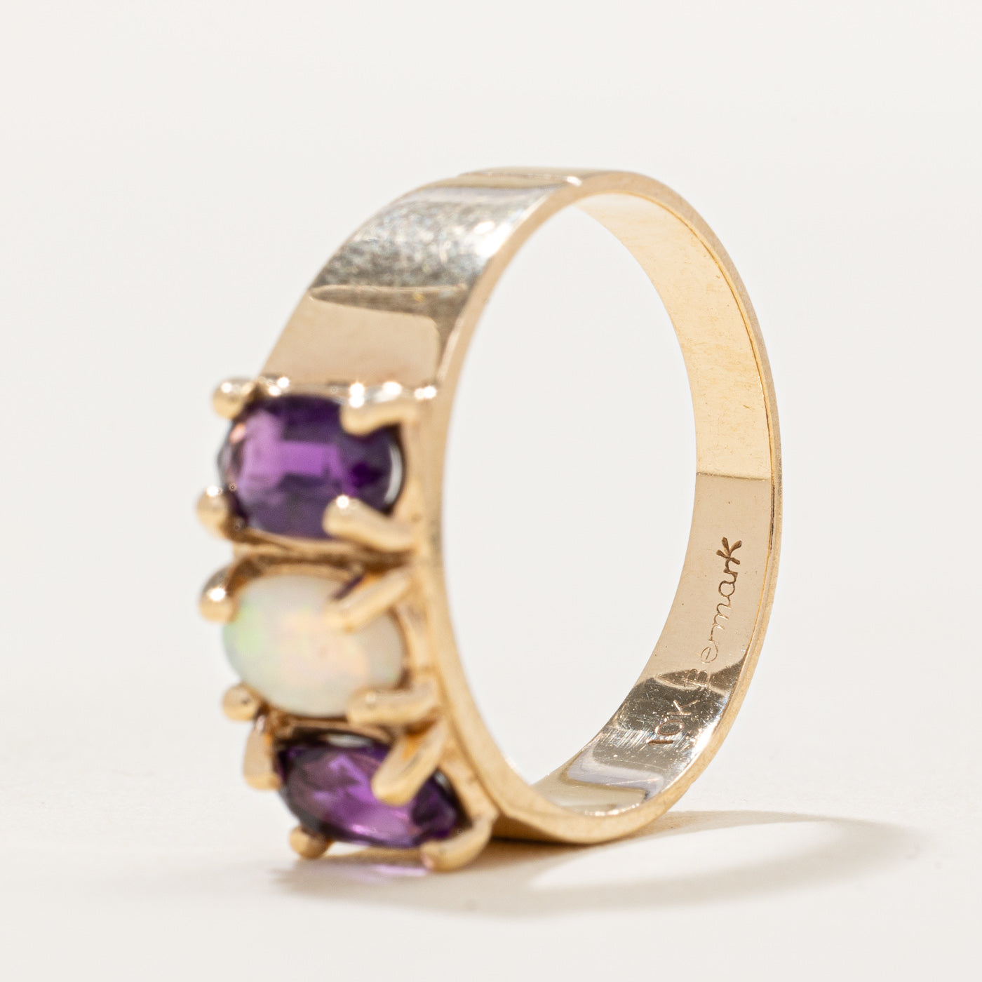 Amethyst & Opal Three Stone Ring - 0.60ctw Gemstone Jewelry, 0.25ct Diamond Accents, Size 7, Dainty Stackable Ring for Women - Perfect for Anniversary Gifts, Valentine's Day & Everyday Elegance