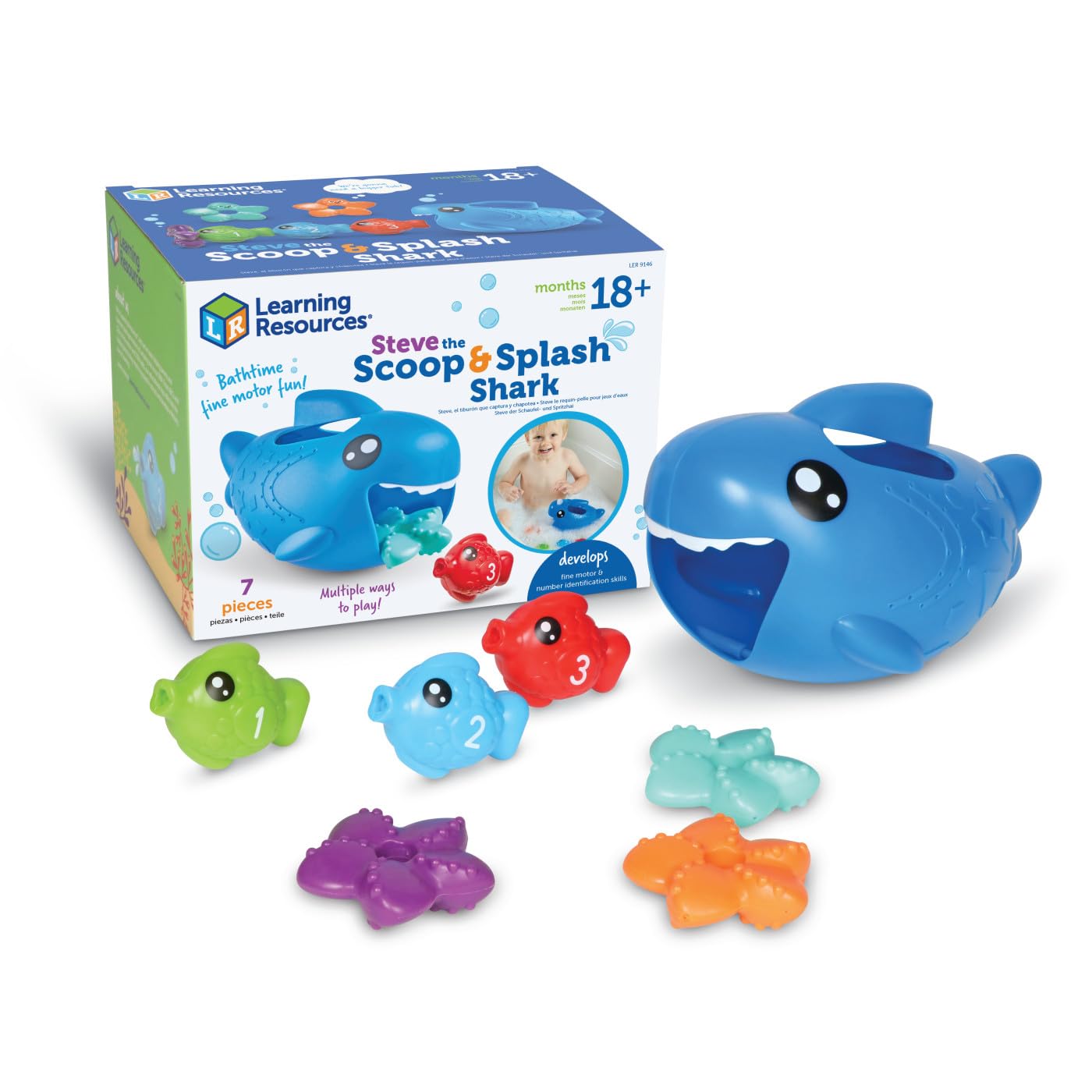 Learning Resources Steve The Scoop & Splash Shark - 7 Piece Toddler Bath & Pool Water Toy Set for Babies 18+ Months - Fun Educational Bathtub & Swimming Pool Toys for Kids - Perfect Stocking Stuffer Gift for Toddlers
