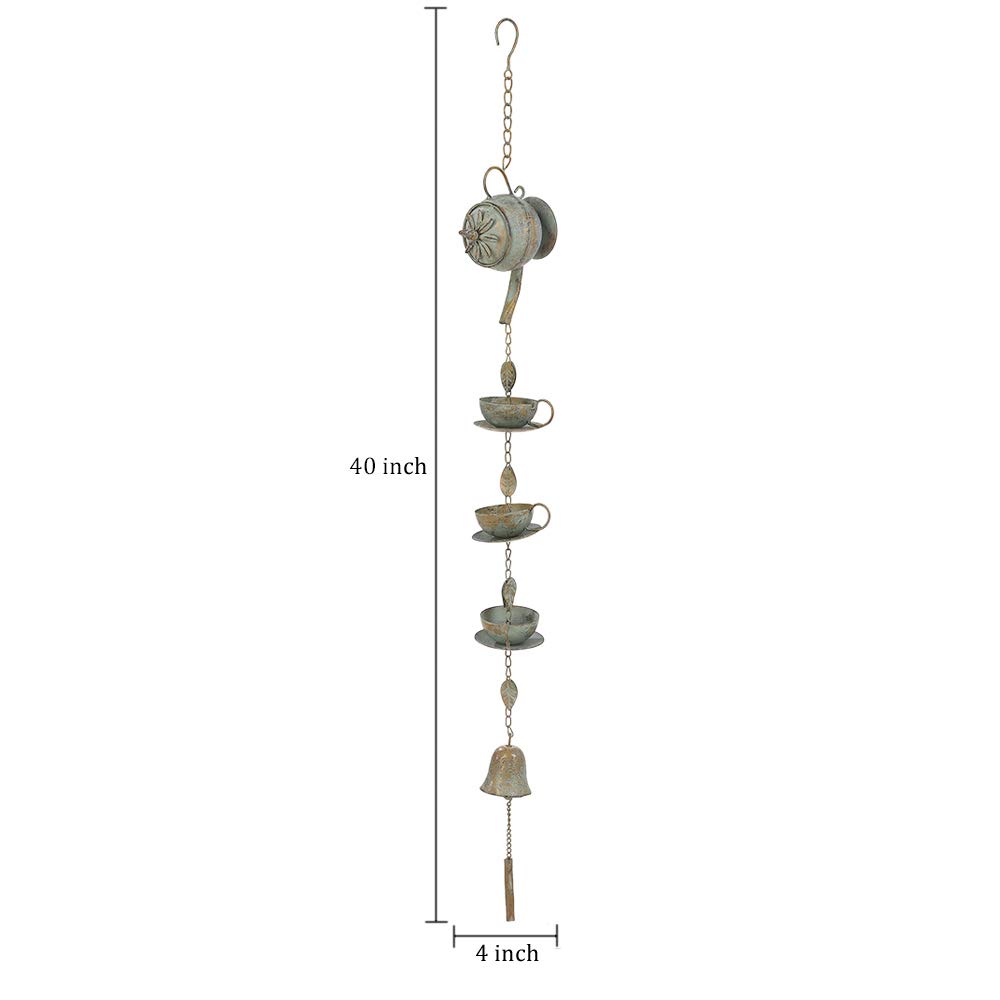 Jemeni 40 Inch Tall Hanging Teapot & Cups Wind Chime with Bell - Antique Green Patina Finish | Outdoor Garden Decor, Patio Wind Chime, Unique Backyard Ornament