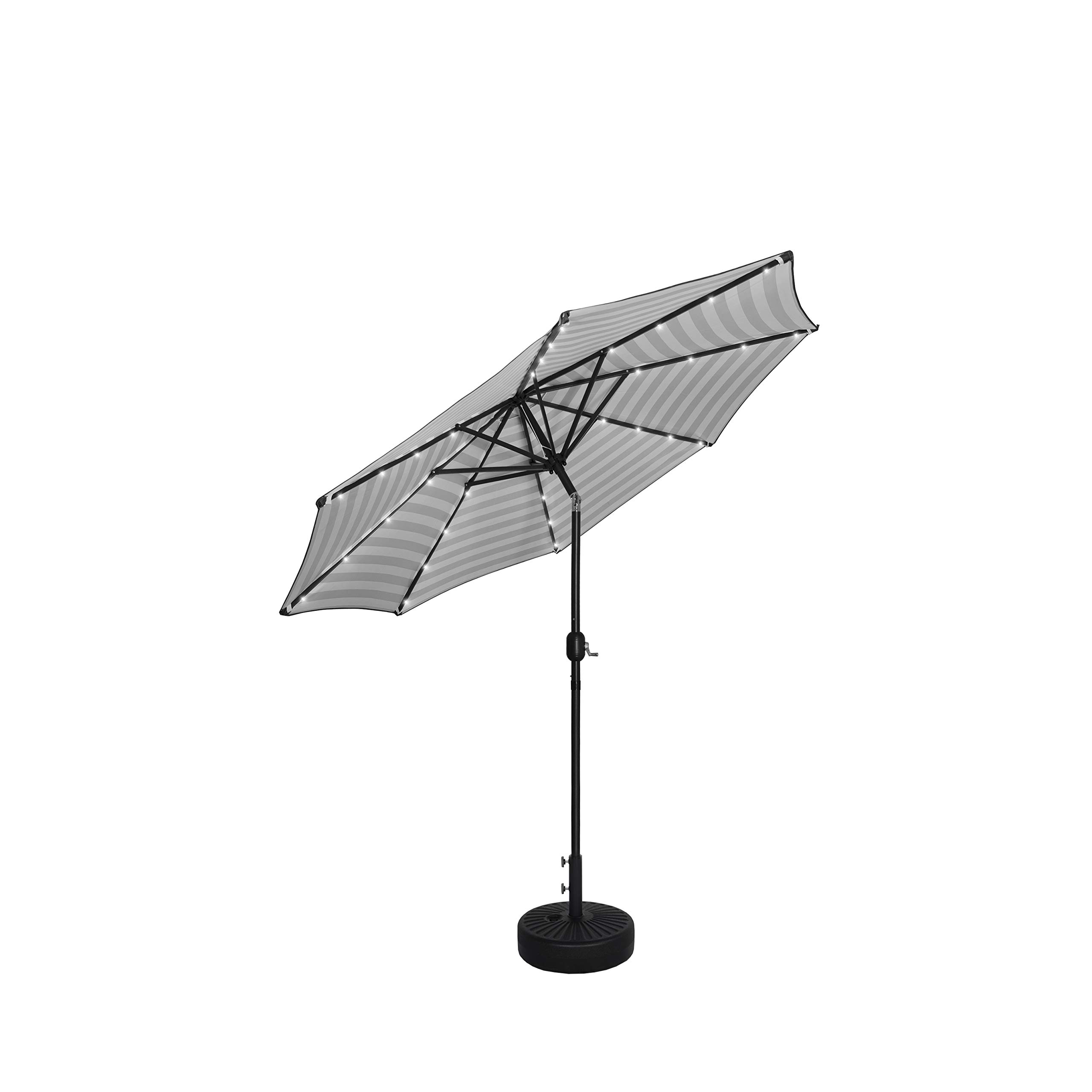 WO Home Furniture 9 Ft Outdoor Patio Solar Powered LED Lighted Market Umbrella with Free Standing Weighted Base - Black Round Canopy in Gray/White | Perfect for Backyard, Garden, Poolside & Outdoor Dining
