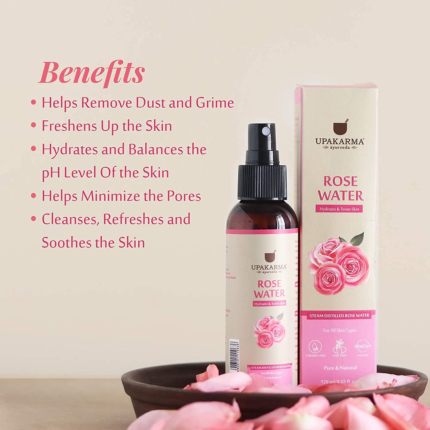 UPAKARMA Pure Steam Distilled Rose Water (Gulab Jal) - 120ml Bottle | Natural Face Toner & Skin Hydrator | Perfect for Aromatherapy, DIY Beauty & Holistic Skincare