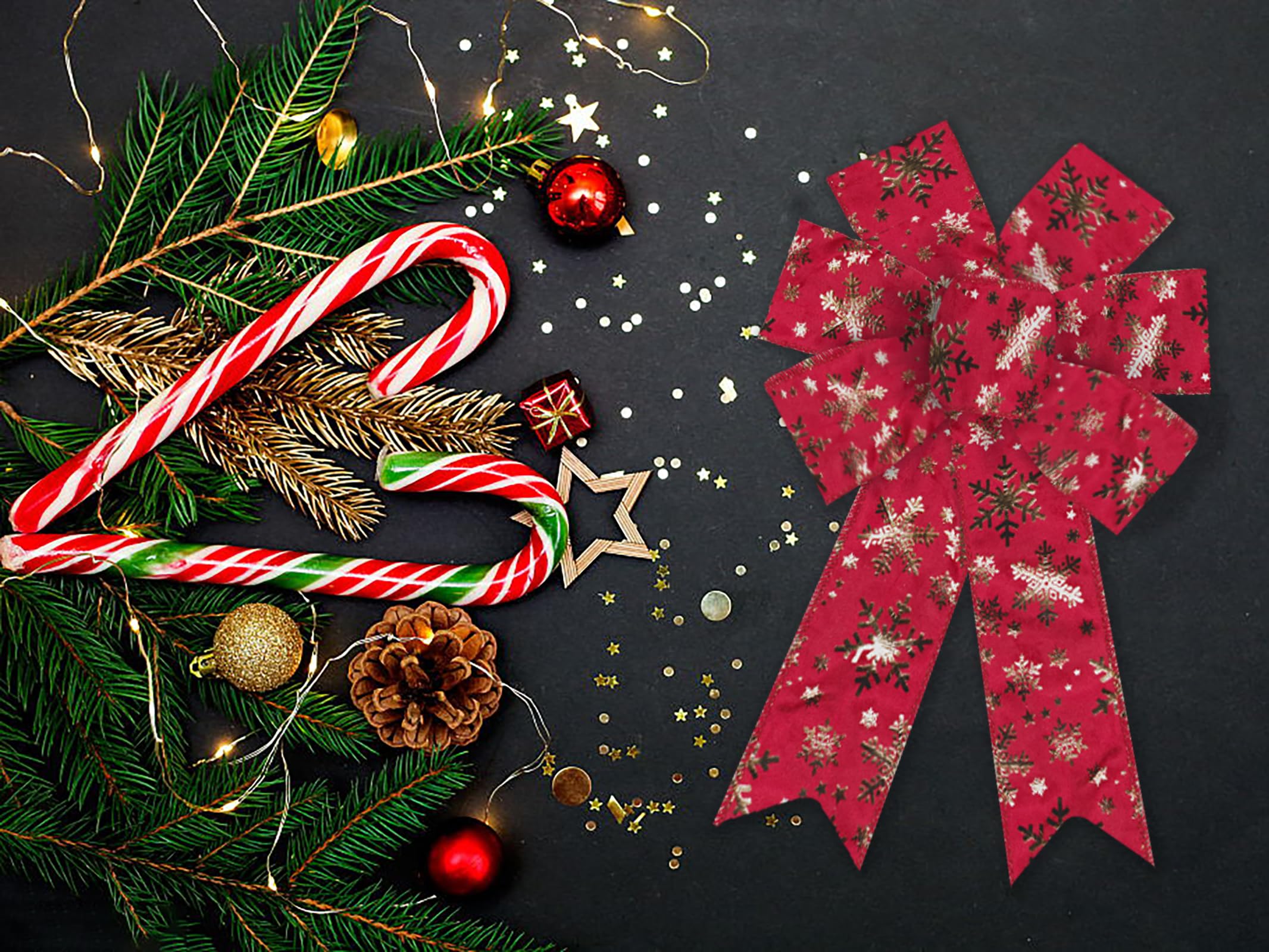 2-Pack Red Velvet Christmas Wreath Bows with Snowflake Design - Festive Holiday Door Decor for Xmas Tree, Winter Wreaths & New Year Home Decoration