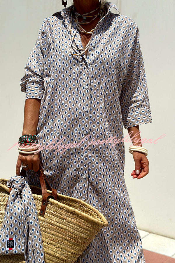 Summer Splendor Printed Button Half Sleeve Belt Loose Shirt Midi Dress - Flowy Boho Chic Outfit for Beach Vacation, Date Night & Casual Wear