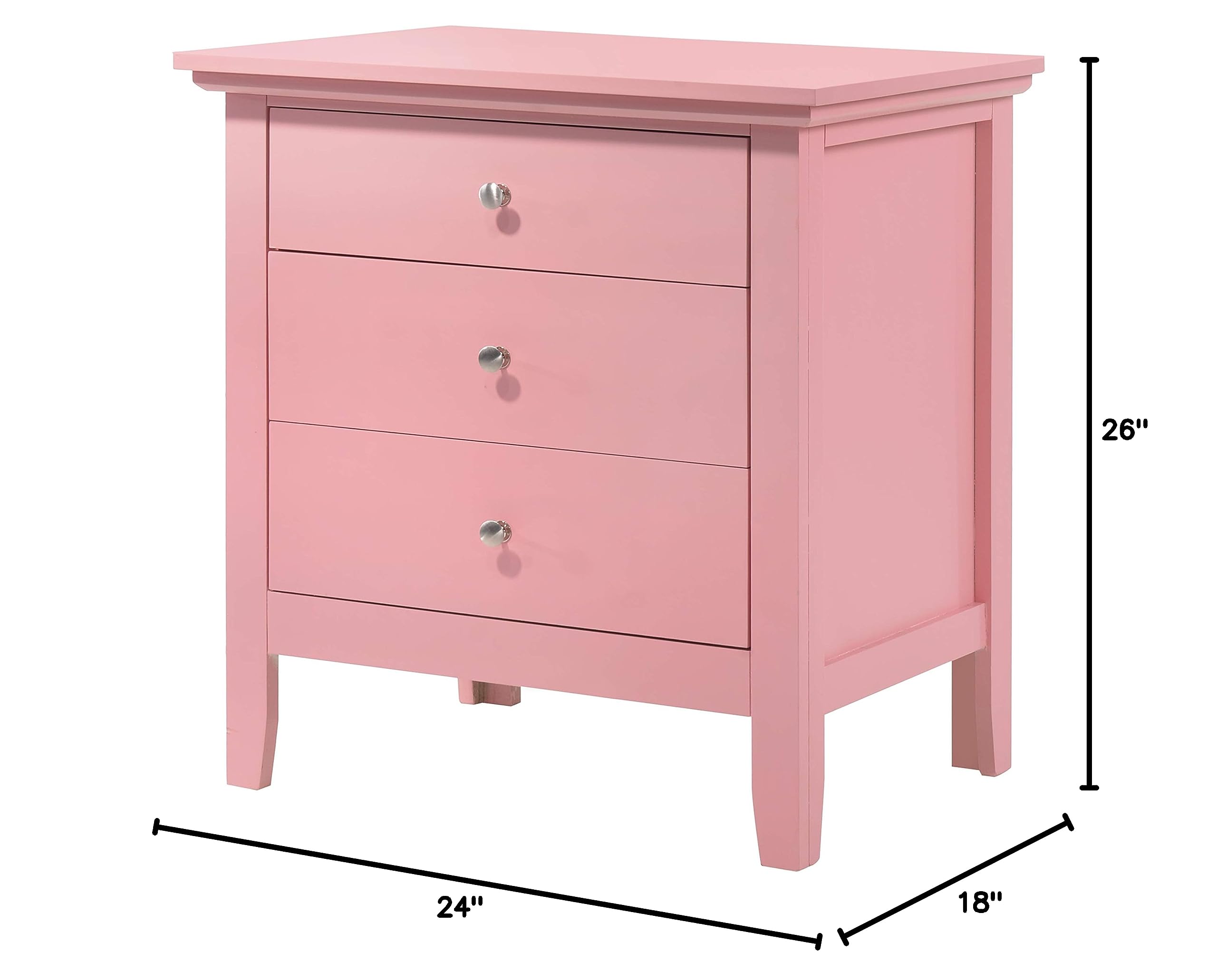 Pink Hammond 3-Drawer Nightstand by Glory Furniture - Modern Bedside Table for Bedroom, Guest Room & Nursery Storage