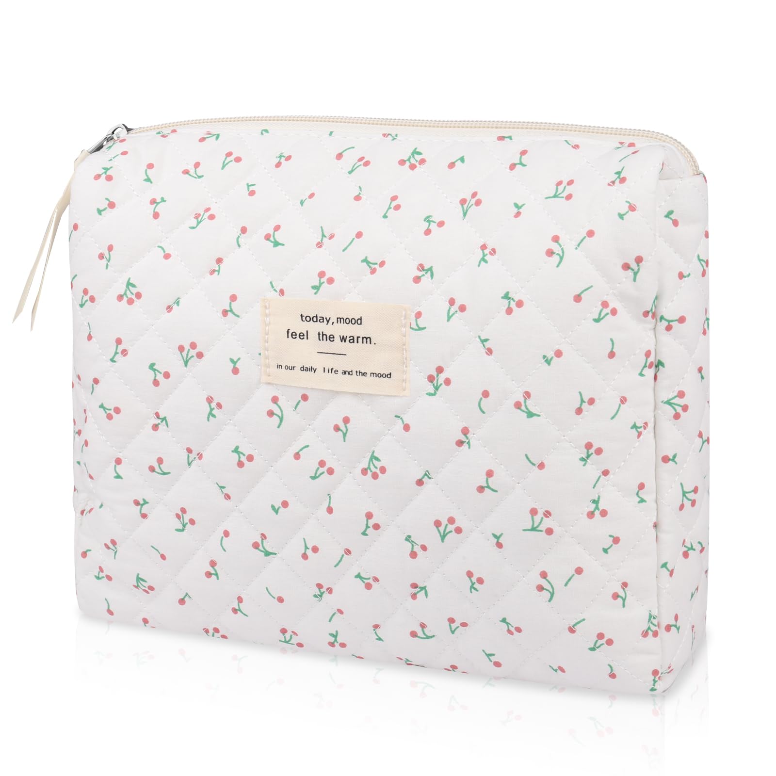 Floral Makeup Bag for Women - Small Cute Cotton Cosmetic Pouch with Quilted Design, Flower Travel Toiletry Organizer (White Cherry) - Perfect for Travel, Gym & Daily Essentials Storage