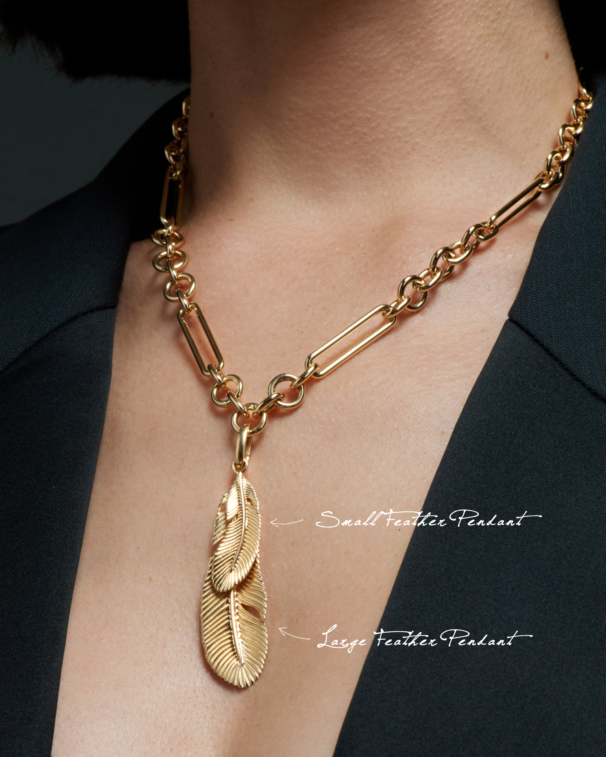 Feather Large Pendant Necklace in 14K Yellow Gold with Annex Link Chain - Elegant Jewelry Gift for Women, Perfect for Weddings, Parties & Special Occasions