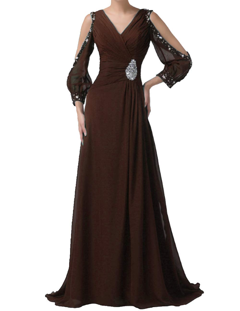 ANGELA Women's Beaded V-Neck Sheer Long Sleeve Chiffon Evening Dress for Formal Occasions, Parties, and Special Events