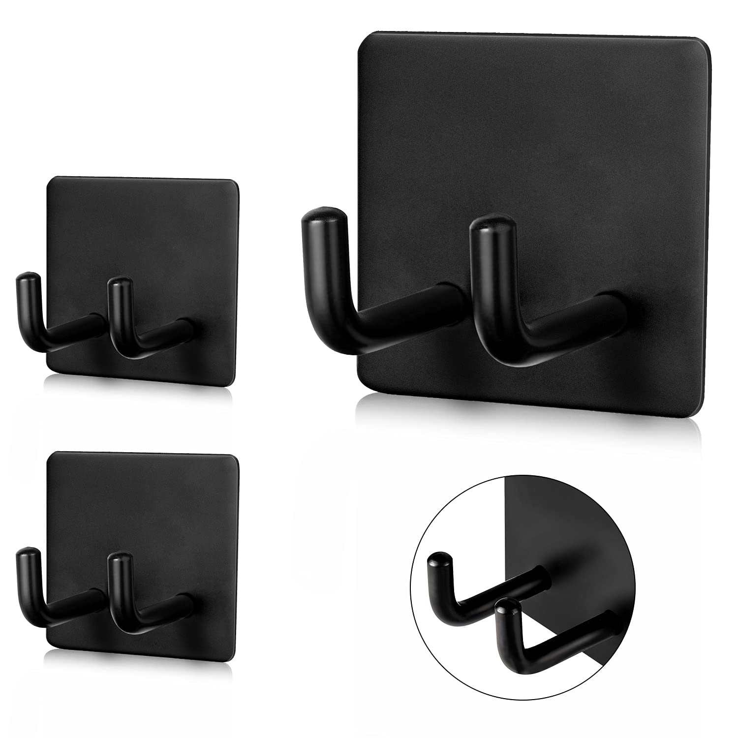 3M Heavy Duty Black Adhesive Hooks - 2 Pack Waterproof Stainless Steel Wall Hooks for Bathroom, Kitchen & Shower - Strong Command Hooks for Towels, Robes & Home Organization