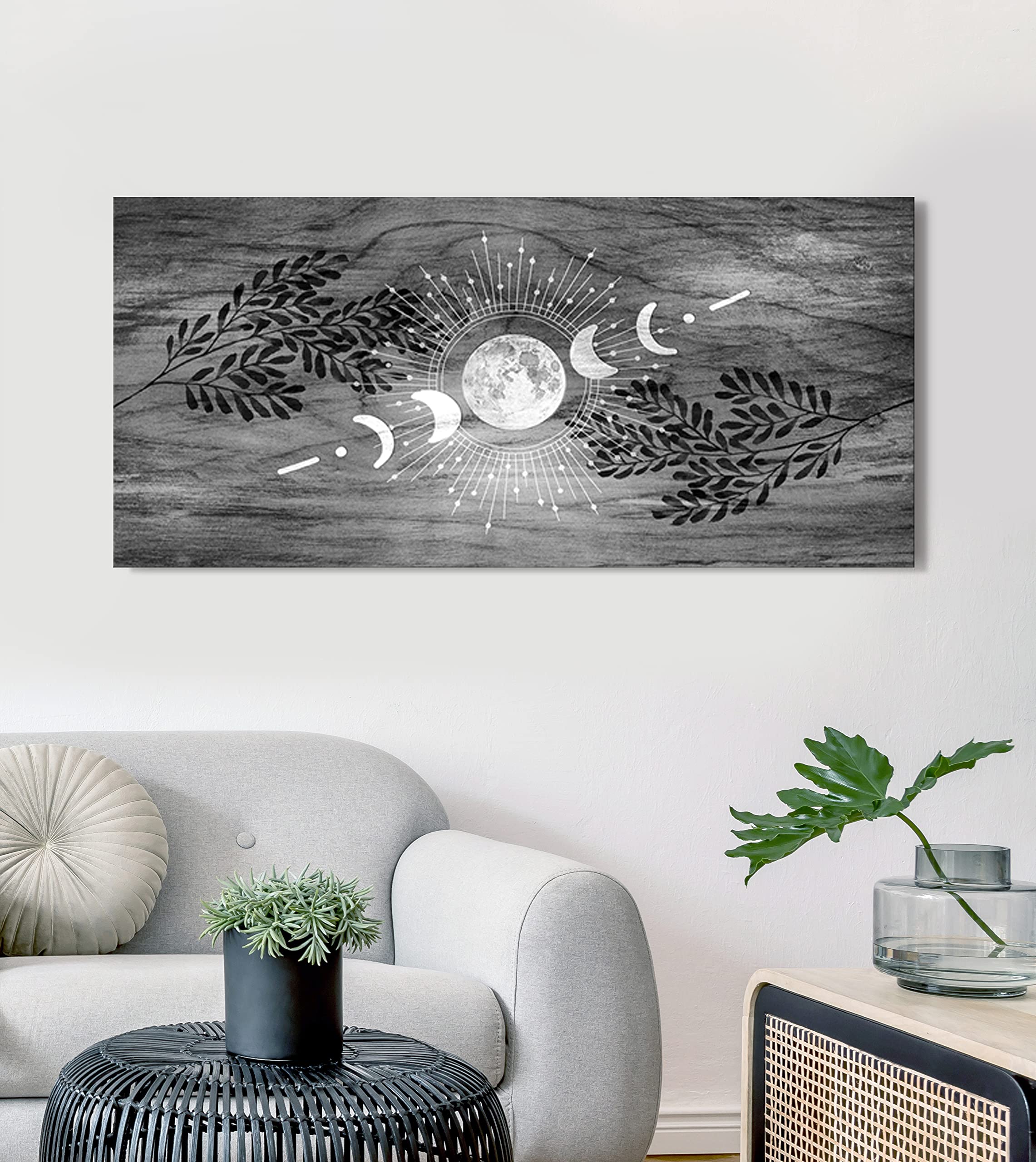 Boho Moon Phases Framed Large Canvas Wall Art - Bohemian Home Decor with Modern Rustic Style (Grey, 42x19 Inches) - Perfect for Living Room, Bedroom & Office Wall Decor