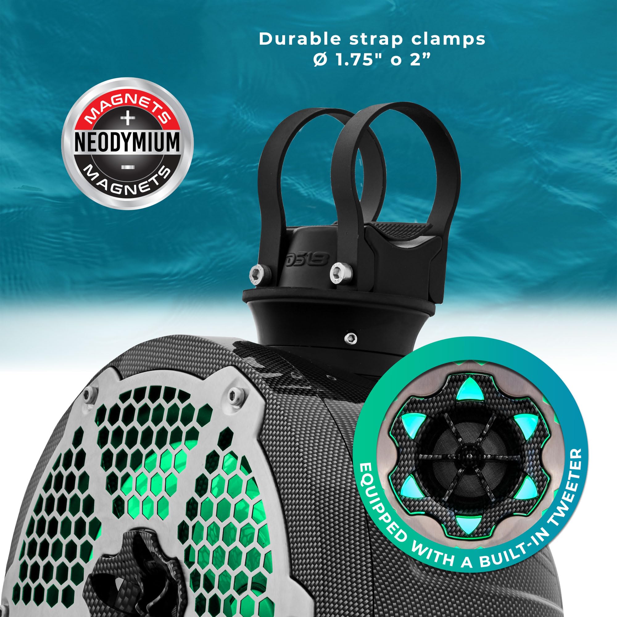 DS18 CF-PS8 2-Way Wakeboard Tower Speakers with Integrated RGB Lights - 375 MAX - Perfect for Jet Skis, ATV, UTV, Jeep, Side by Side, Marine, RZR - Ideal for Boating, Off-Road Adventures, and Outdoor Parties