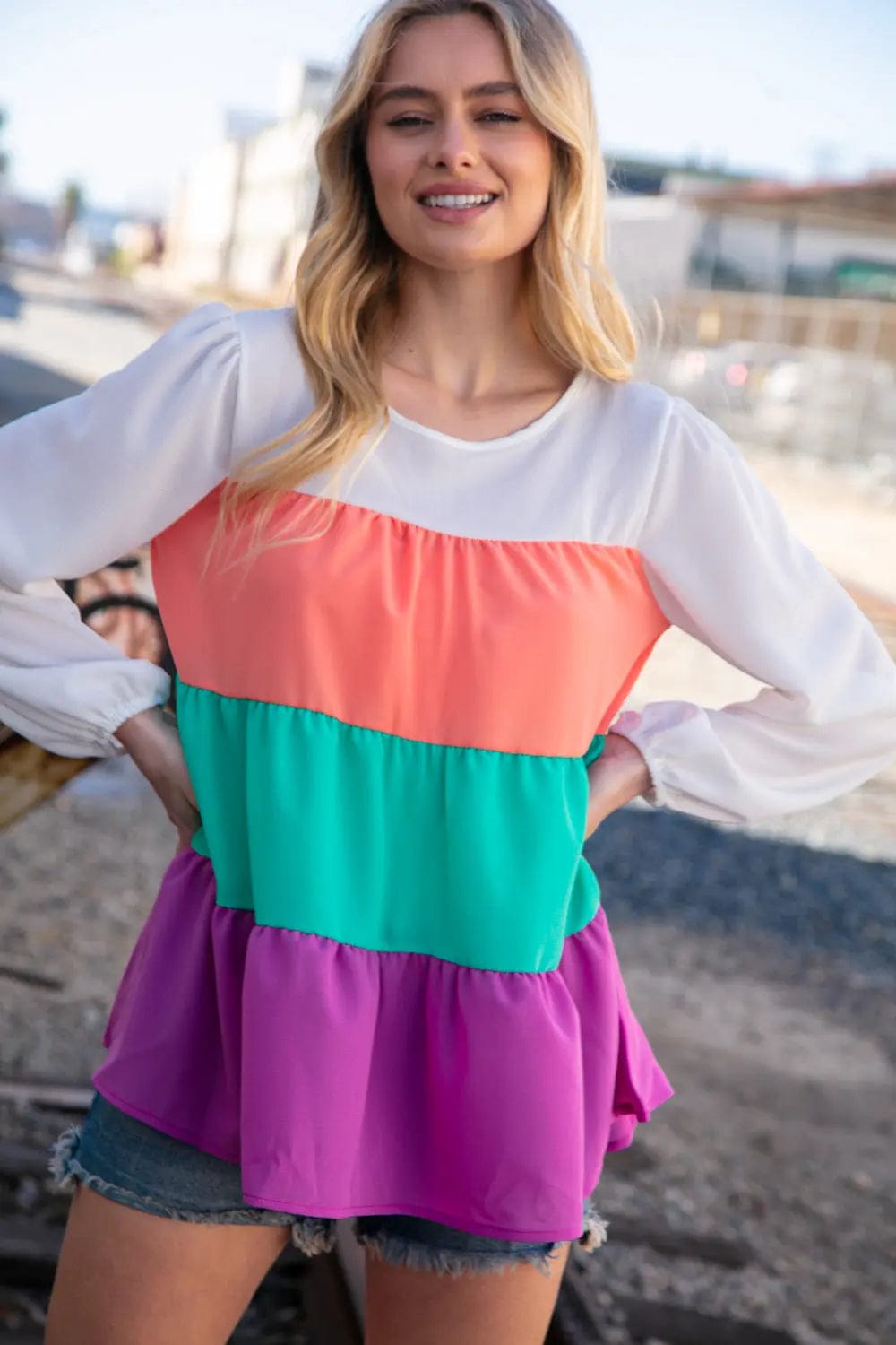 Ivory & Peach Woven Crepe Tiered Blouse for Women - Elegant Flowy Boho Top for Casual Outings & Date Nights