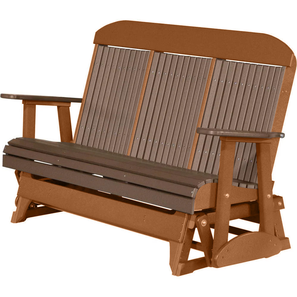 LuxCraft Chestnut Brown 5 ft. Recycled Plastic Highback Outdoor Glider with Cup Holder - Patio, Garden, Porch, Deck Swing Chair for Relaxing and Lounging
