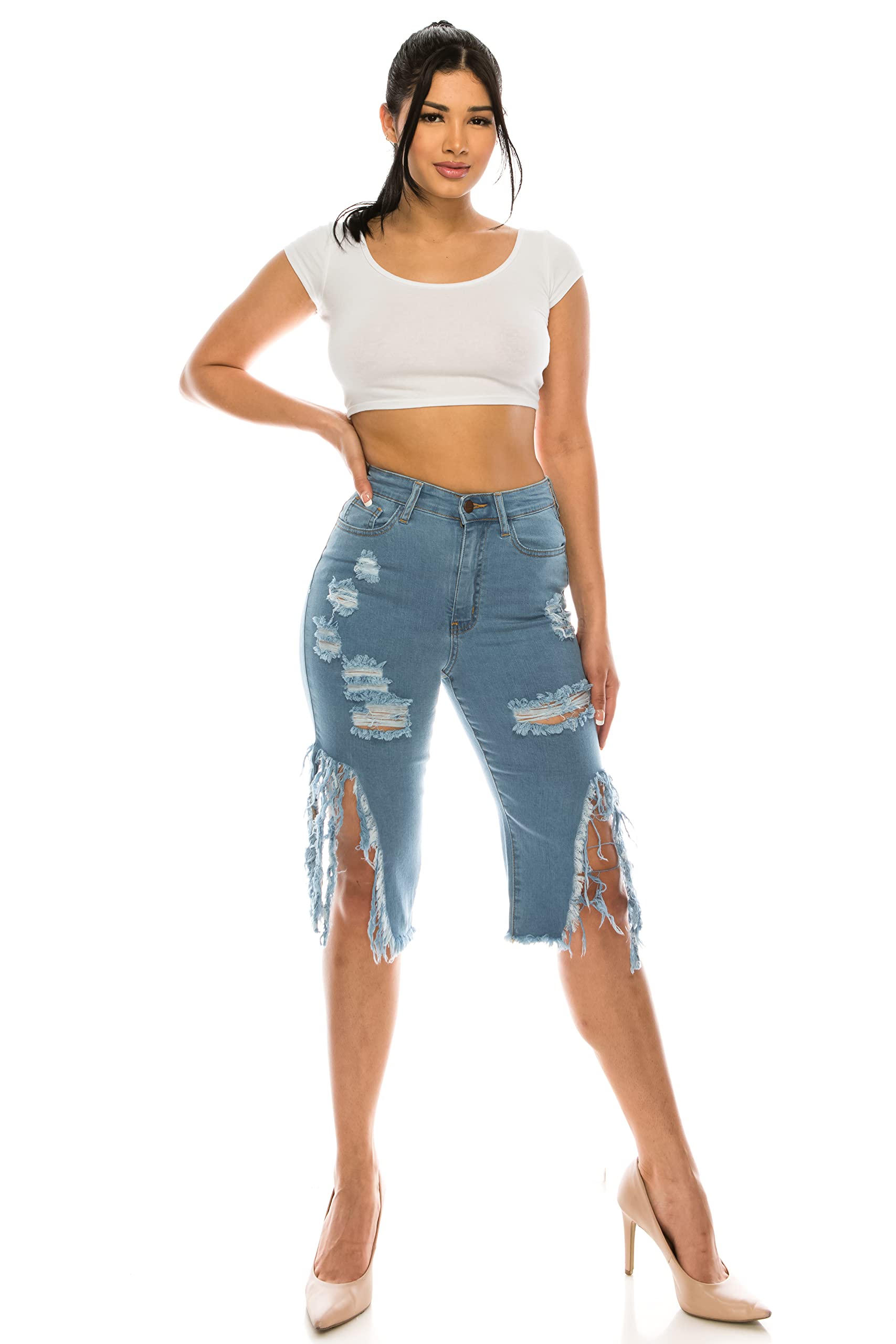 Aphrodite Women's High Waisted Ripped Bermuda Shorts - Distressed Denim Jeans for Casual Wear, Summer Outfits & Street Style Fashion