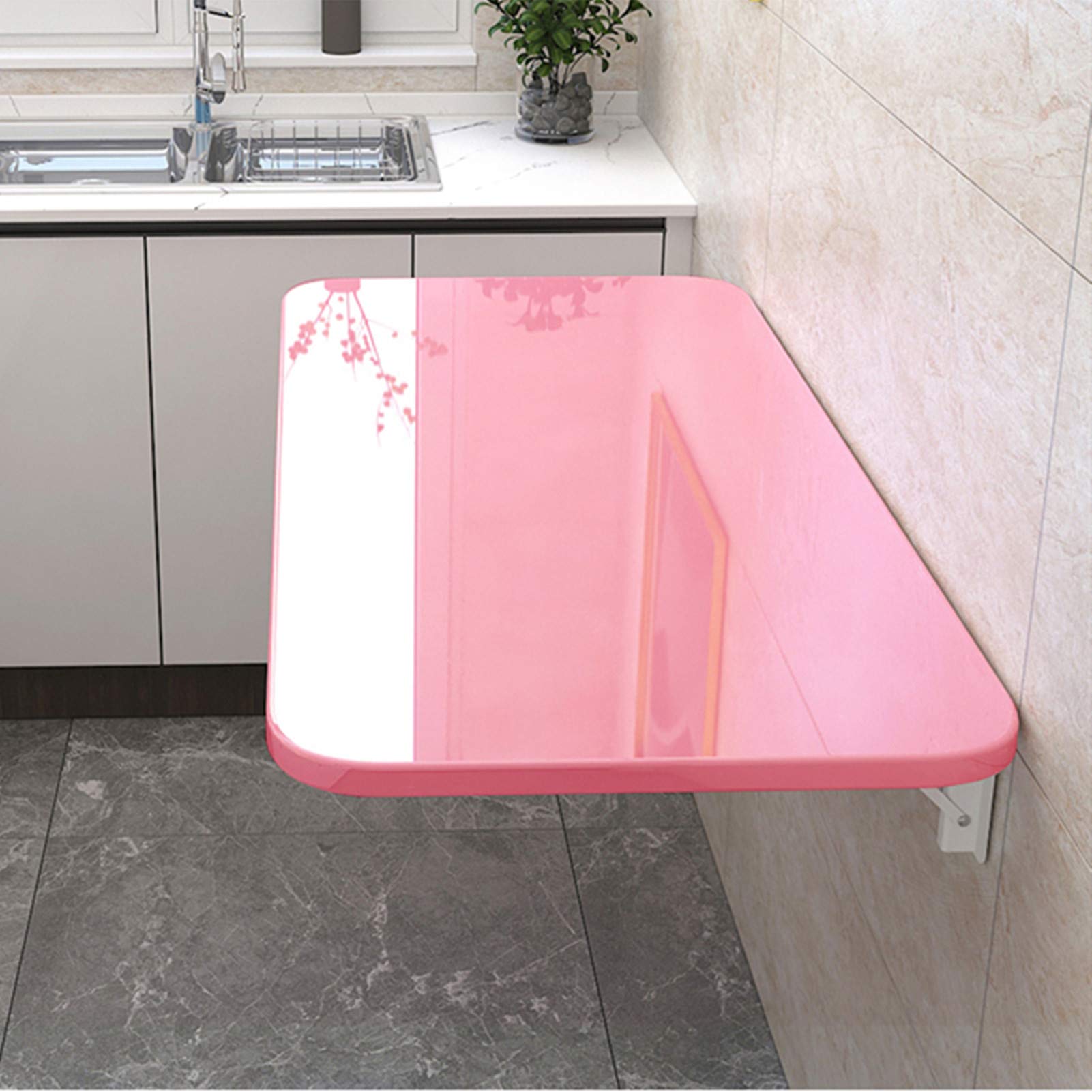 Space Saving Folding Wall Mounted Drop-Leaf Table with Shelves - Floating Cafe Dining Table for Home Office, Living Room & Bedroom - Wooden Hanging Computer Desk & Bookshelf Bar Table - Pink (110x60cm/43x24in) - Perfect for Small Apartments, Coffee Shops & Workspaces