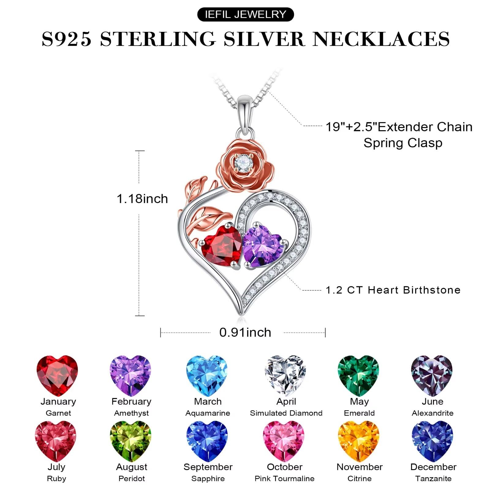 Rose Heart Birthstone Necklace for Women - 925 Sterling Silver Double Birthstone Pendant, Personalized Anniversary & Birthday Gift for Wife, Her, Mom - Perfect for Valentine's Day, Mother's Day & Special Occasions