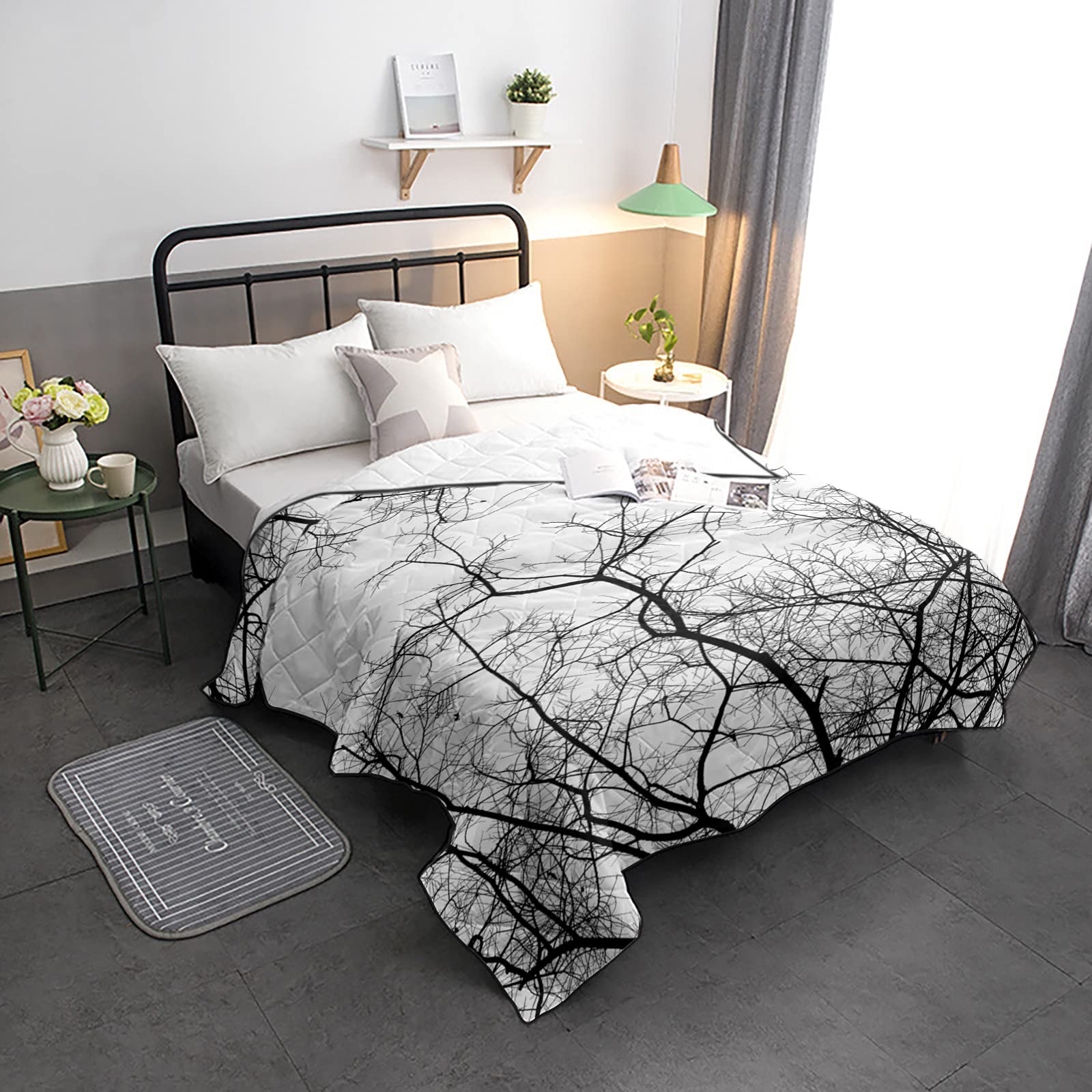 California King Size Reversible Quilt Set - Soft All-Season Bedspread Coverlet for Adults & Kids | Winter Tree Branches Black White Design | Lightweight Duvet & Throw Blanket for Bed, Couch, Sofa (Home Decor, Guest Room, Cozy Nights)