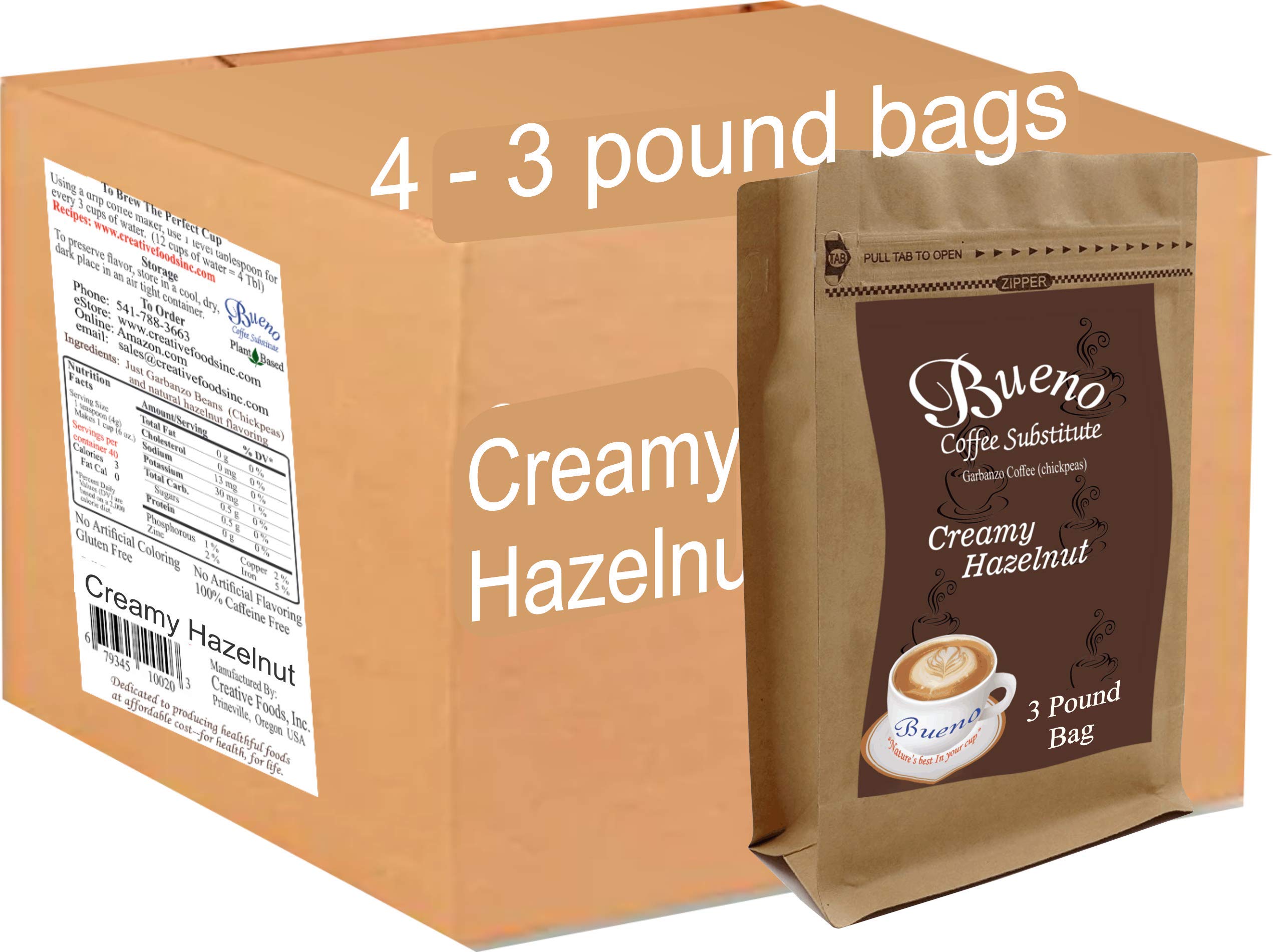 Organic Creamy Hazelnut Garbanzo Coffee Substitute - Medium Roast (4 Pack x 3lb Bags) | Dairy-Free, Vegan Coffee Alternative for Breakfast, Office & Camping