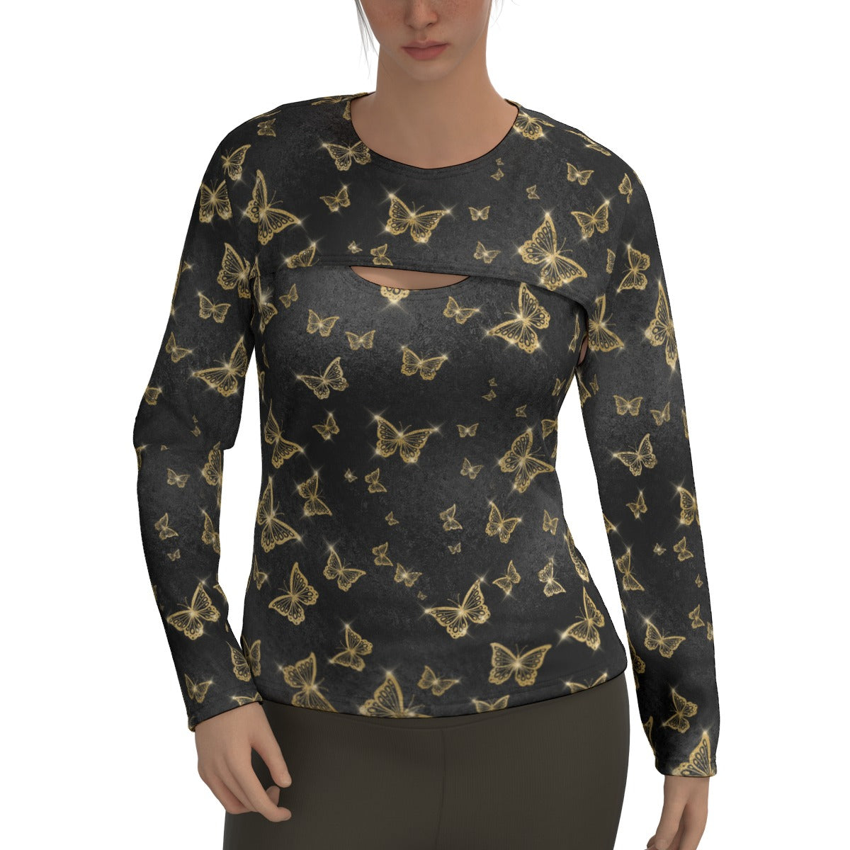 Golden Butterflies Two-Piece Sport Sweatshirt Set - Women's Athletic Hoodie & Joggers Outfit for Gym, Yoga & Casual Wear