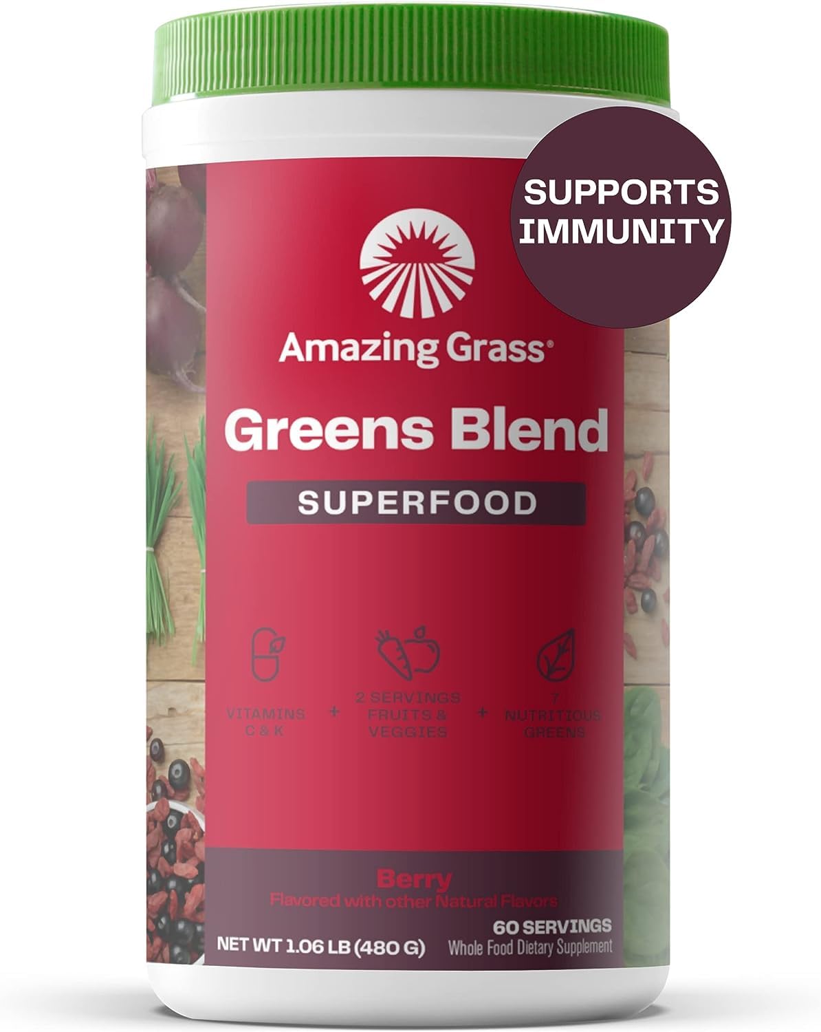 Amazing Grass Greens Superfood Powder - Organic Berry Flavor with Digestive Enzymes, Probiotics, Spirulina & Chlorella - 60 Servings for Energy Boost & Detox | Perfect for Smoothies, Juices & Daily Wellness Routine
