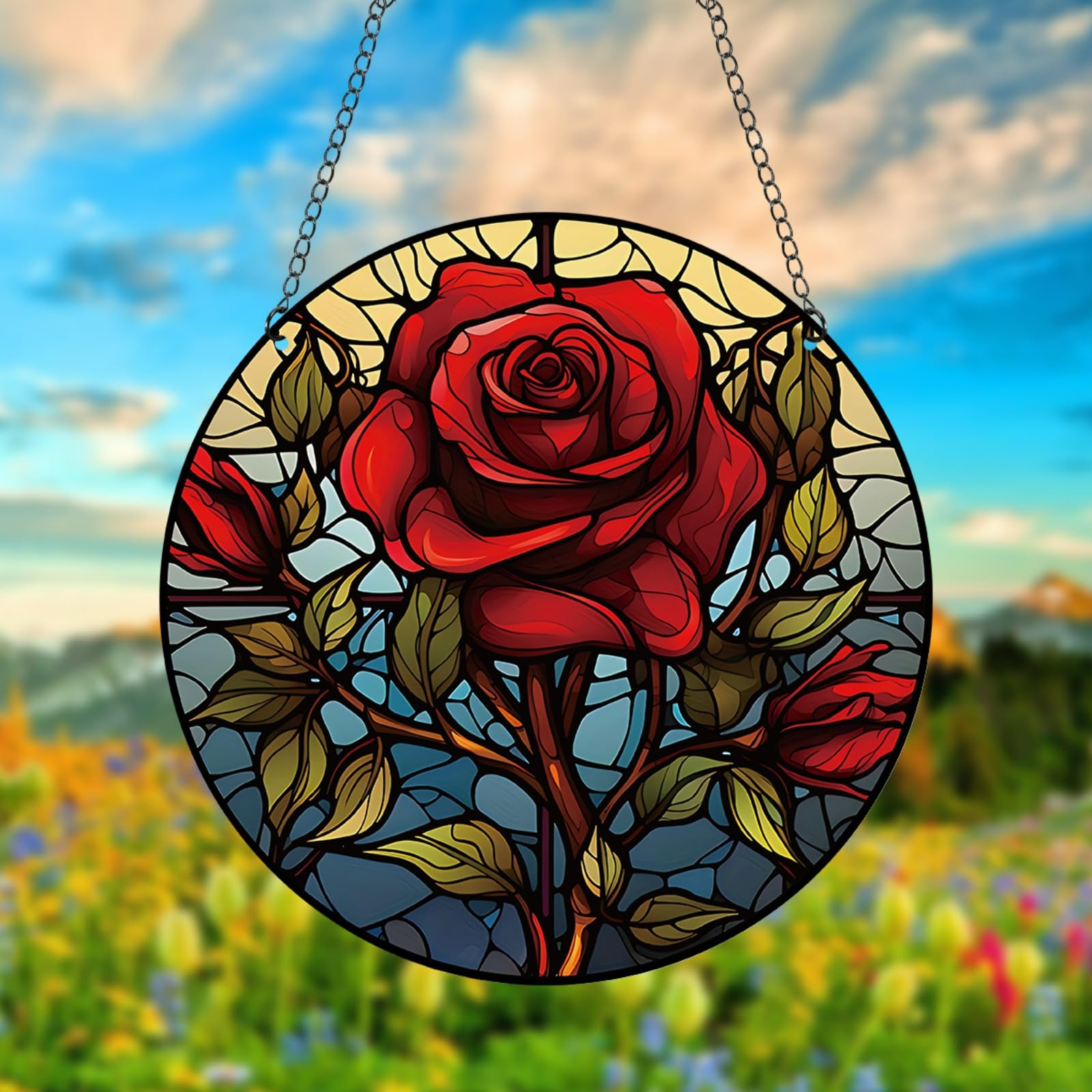 11.8 Inch Large Red Rose Flower Acrylic Window Hanging Decor - Stained Glass Panel with Green Leaves - Wall Art Mural Suncatcher for Bedroom, Living Room, Garden - Perfect Gift for Mom, Grandma, Teacher - Home Decor, Wedding, Housewarming Present