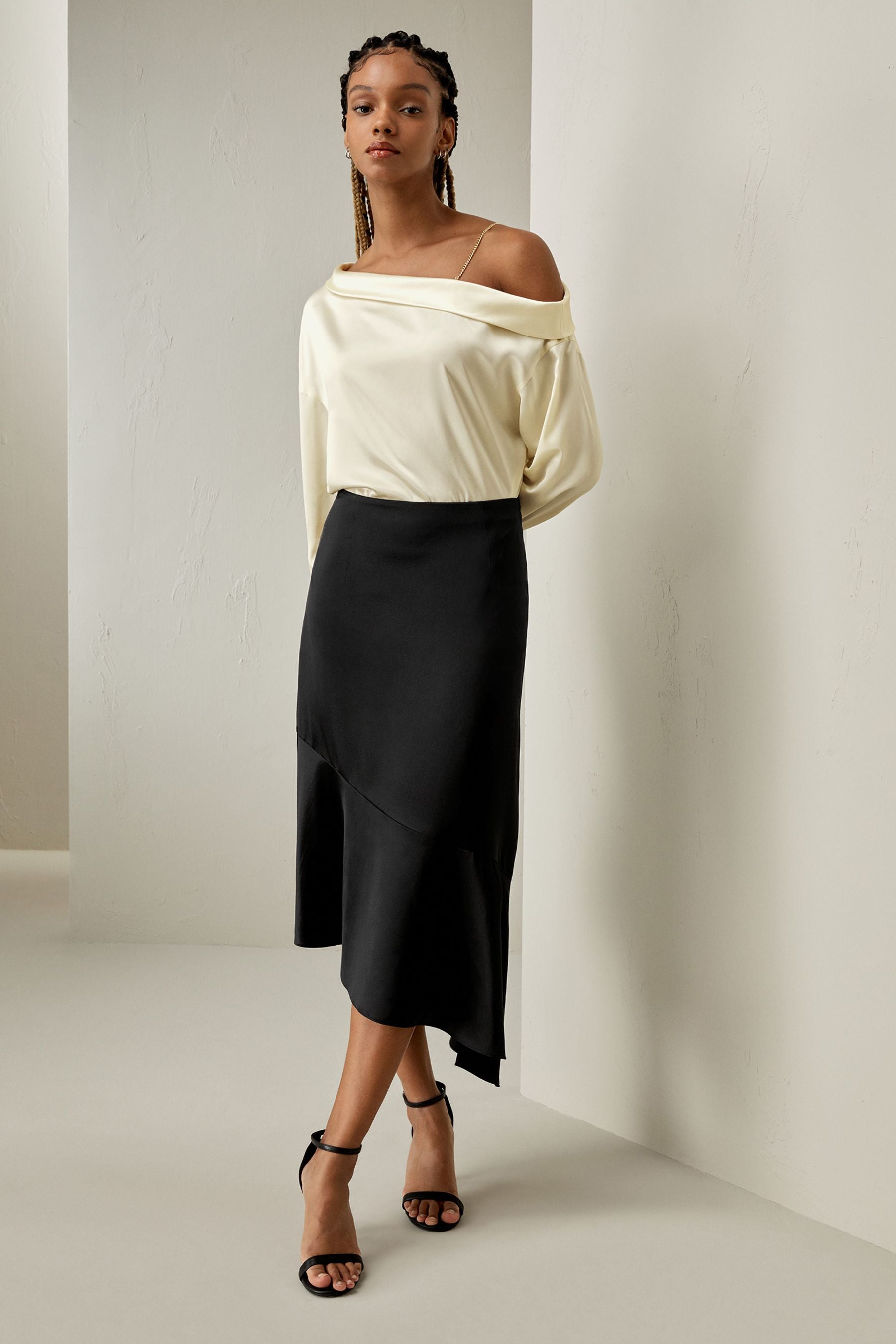 Elegant Silk Asymmetrical Fishtail Skirt for Women - Flowy High Waist Midi Skirt with Side Slit - Perfect for Cocktail Parties, Date Nights & Special Occasions