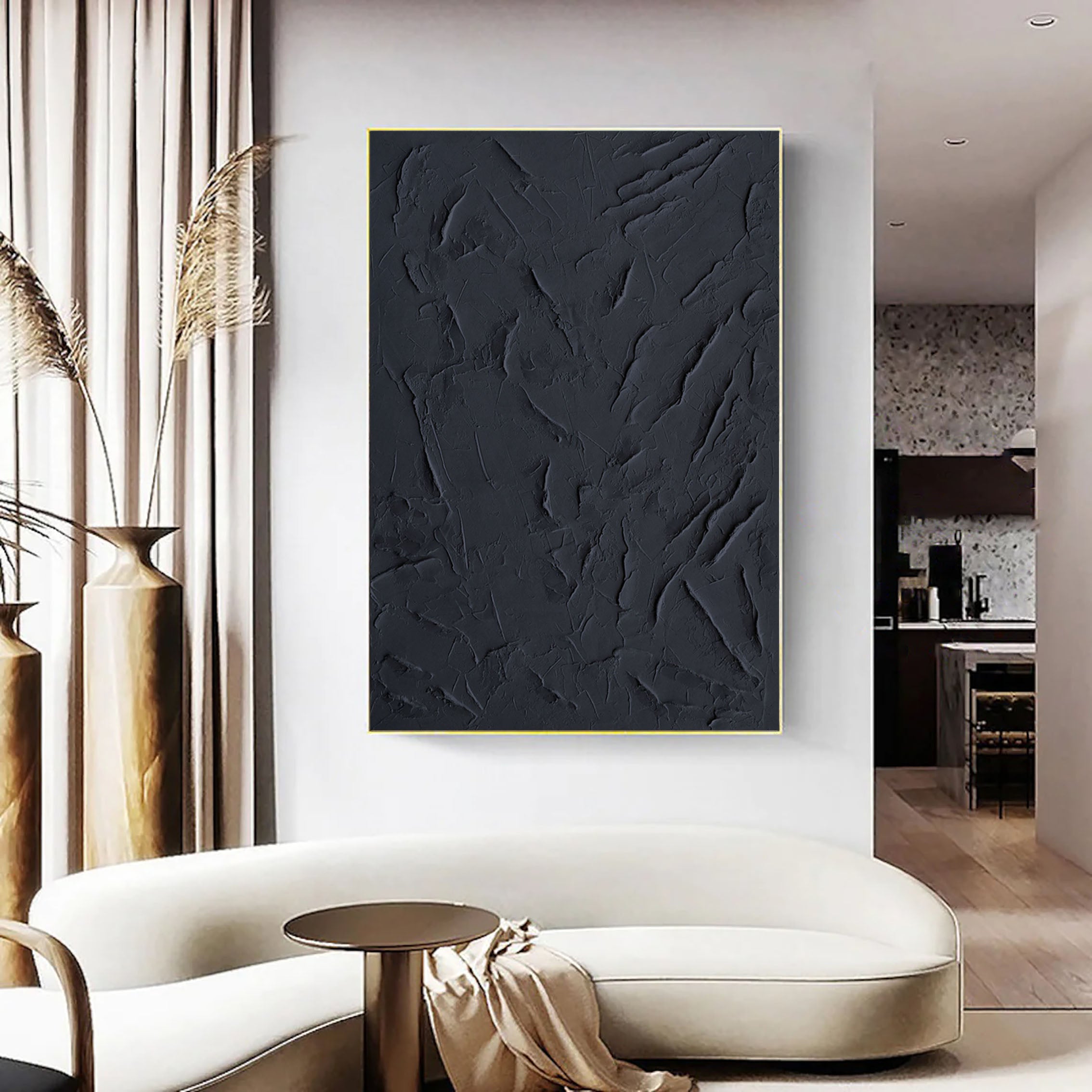 Black Minimalist Textured Painting Canvas #MZ029 - Modern Abstract Wall Art for Living Room, Bedroom & Office Decor