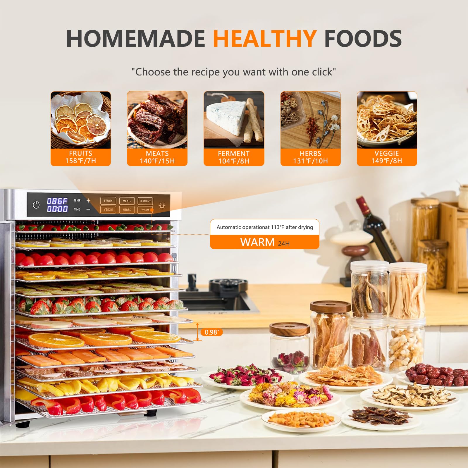 Premium Food Dehydrator Machine - Adjustable Temperature 86°F to 185°F & Digital Timer 0.5-24 Hours - Perfect for Drying Fruits, Vegetables, Meat, Jerky & Pet Treats - 12 Stainless Steel Trays - Ideal for Home Kitchen, Camping & Healthy Snack Preparation