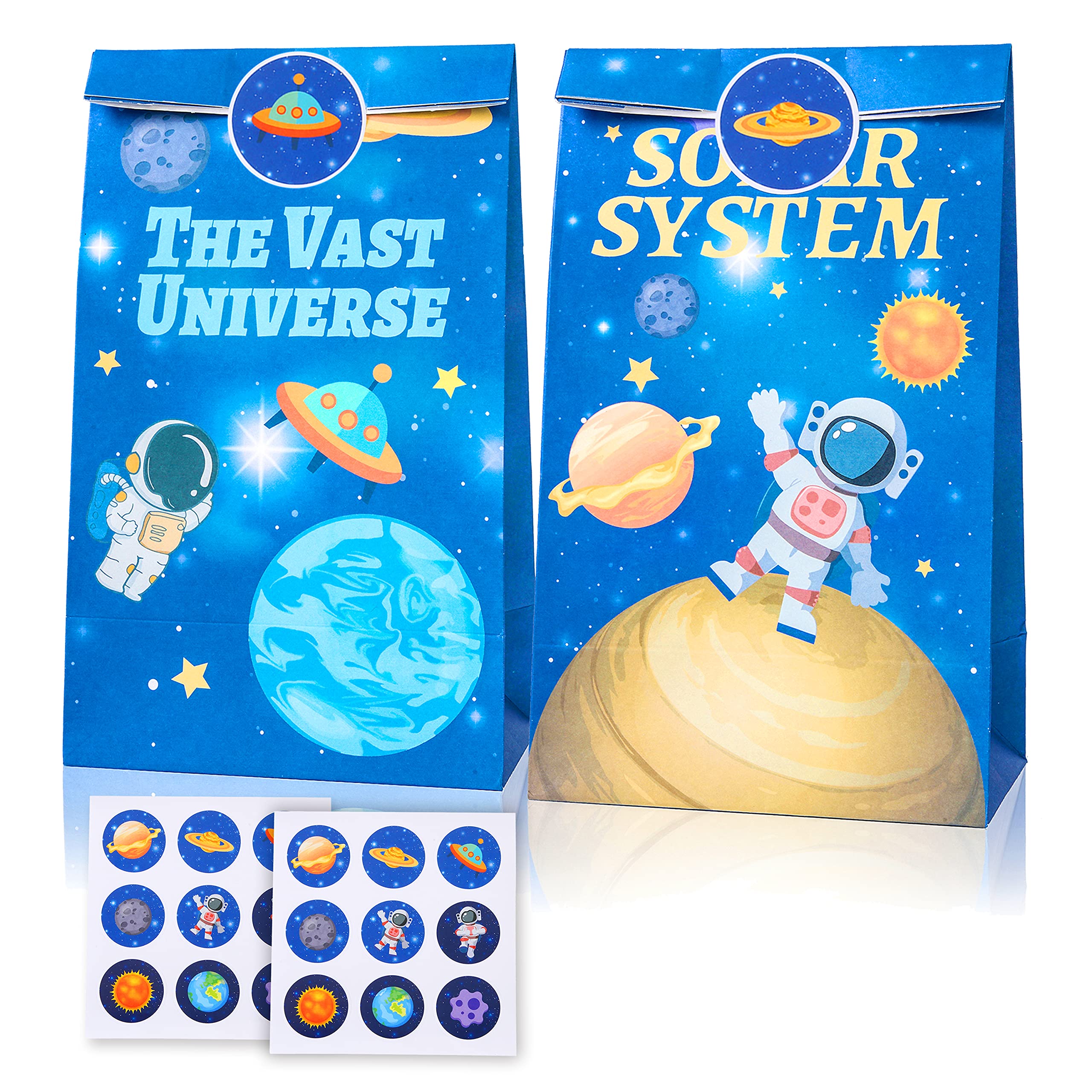 Space Themed Party Favor Bags - 12pcs Astronaut Goodie Bags with Thank You Stickers for Kids Birthday, Space Party Decorations & NASA Themed Events - Perfect for Astronaut Birthday Parties, Classroom Rewards & Outer Space Celebrations