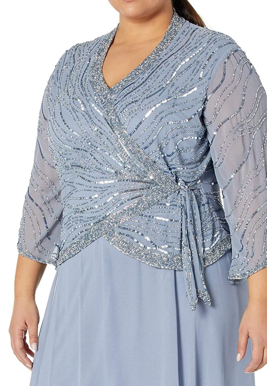 J Kara Women's Plus Size 3/4 Sleeve V-Neck Long Beaded Dress for Evening Party, Wedding Guest, Prom & Special Occasions
