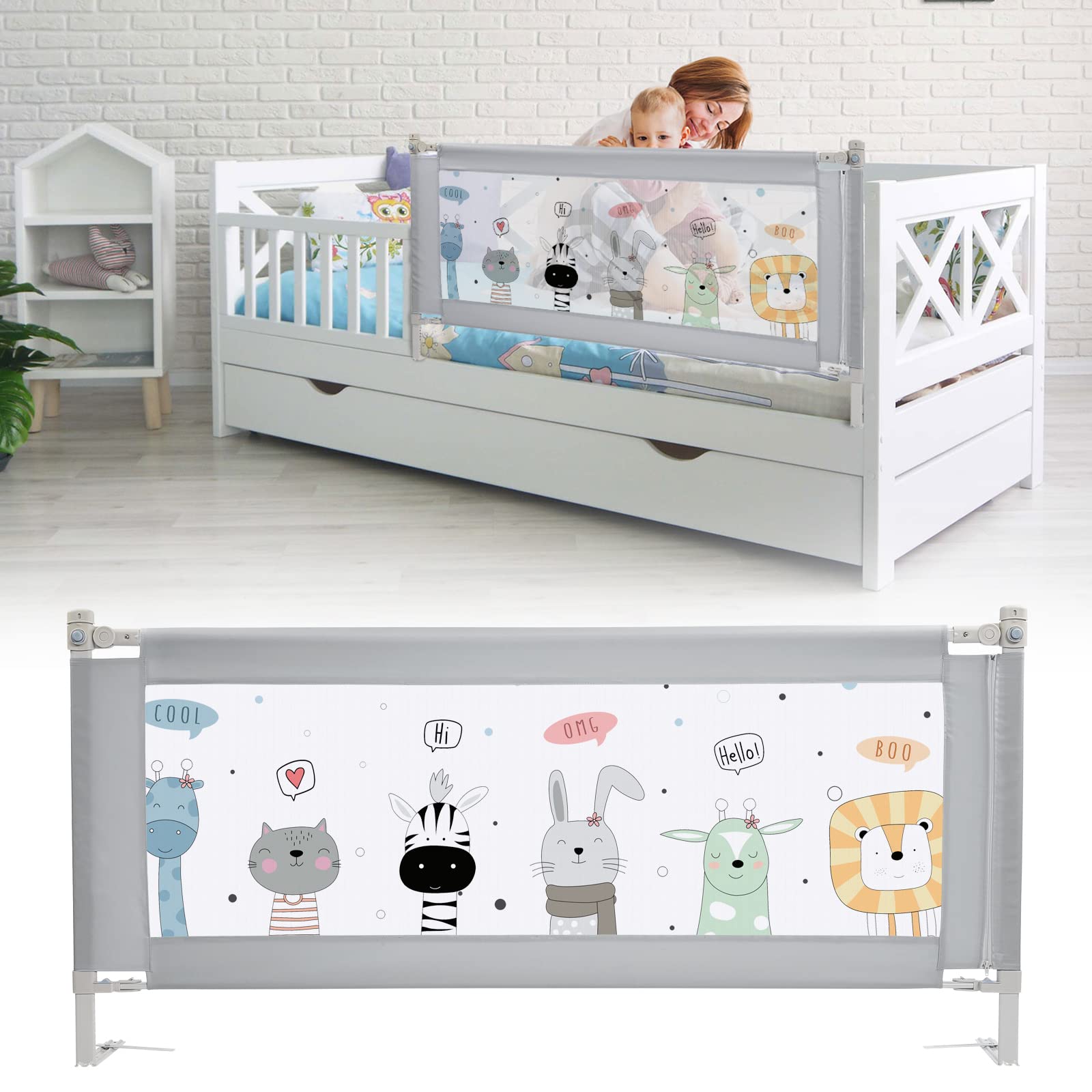 FITNATE Adjustable Bed Rail for Toddlers & Kids - Upgraded Safety Guard Rail for King Size Bed Mattress (62.9 Inches, Light Grey) - Perfect for Childproofing Adult Beds & Preventing Falls During Sleep