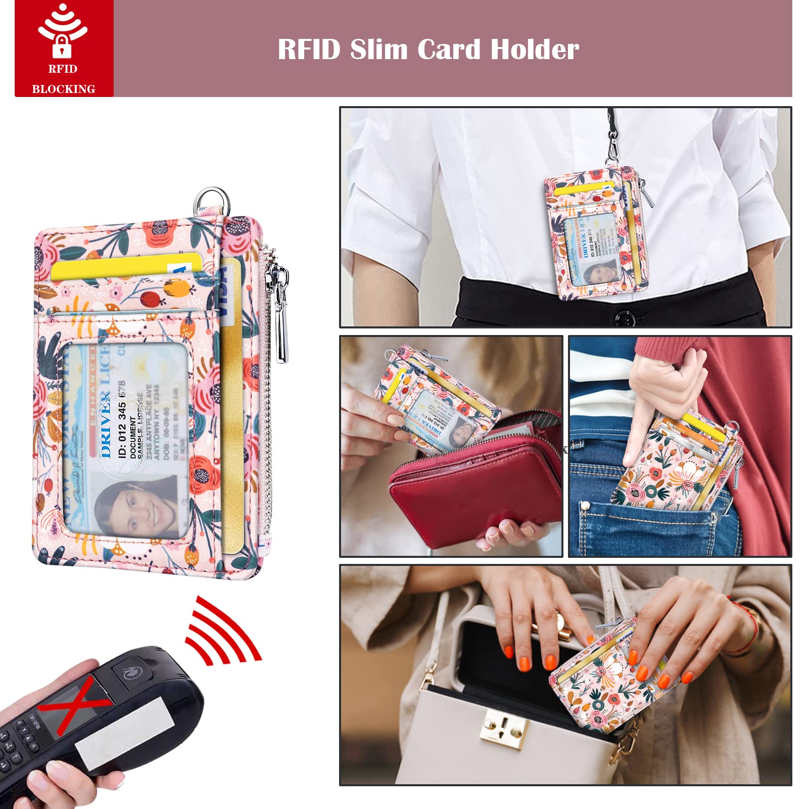 Waveyu Pink Flower Wrist Lanyard with ID Holder & 6 Card Slots - Perfect for Women's Work & Travel Essentials