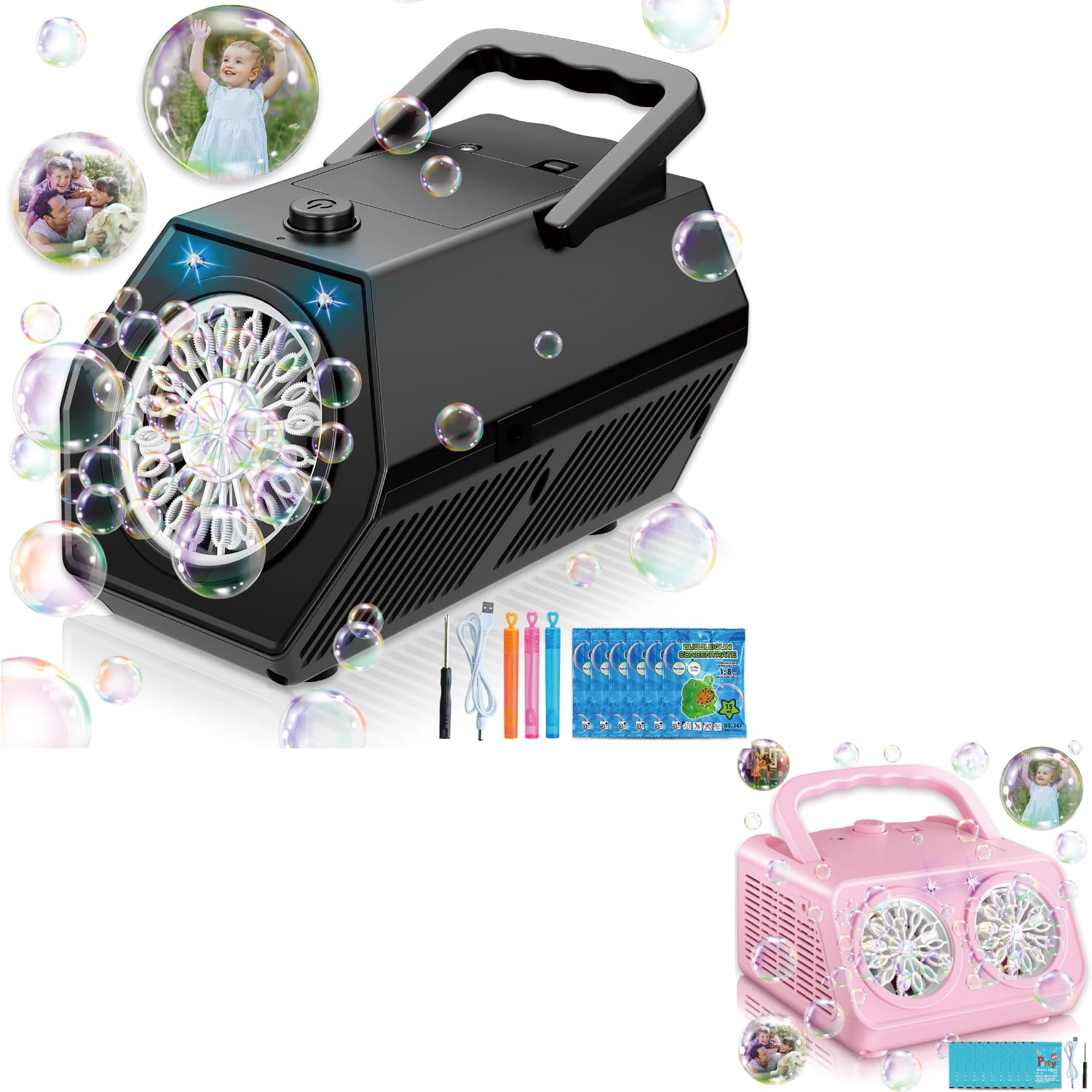 Automatic Bubble Blower Machine for Kids - 2 Speed Portable Bubble Maker with Plug-in & Battery Power - Perfect for Outdoor Parties, Birthday Celebrations, and Backyard Fun