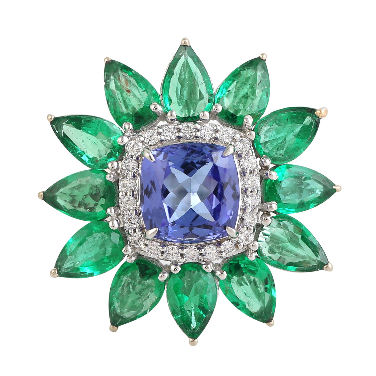 Exquisite Cushion Cut Tanzanite Pear Emerald Pave Diamond Ring in 14K White Gold | Elegant Wedding, Engagement & Anniversary Jewelry Gift for Women